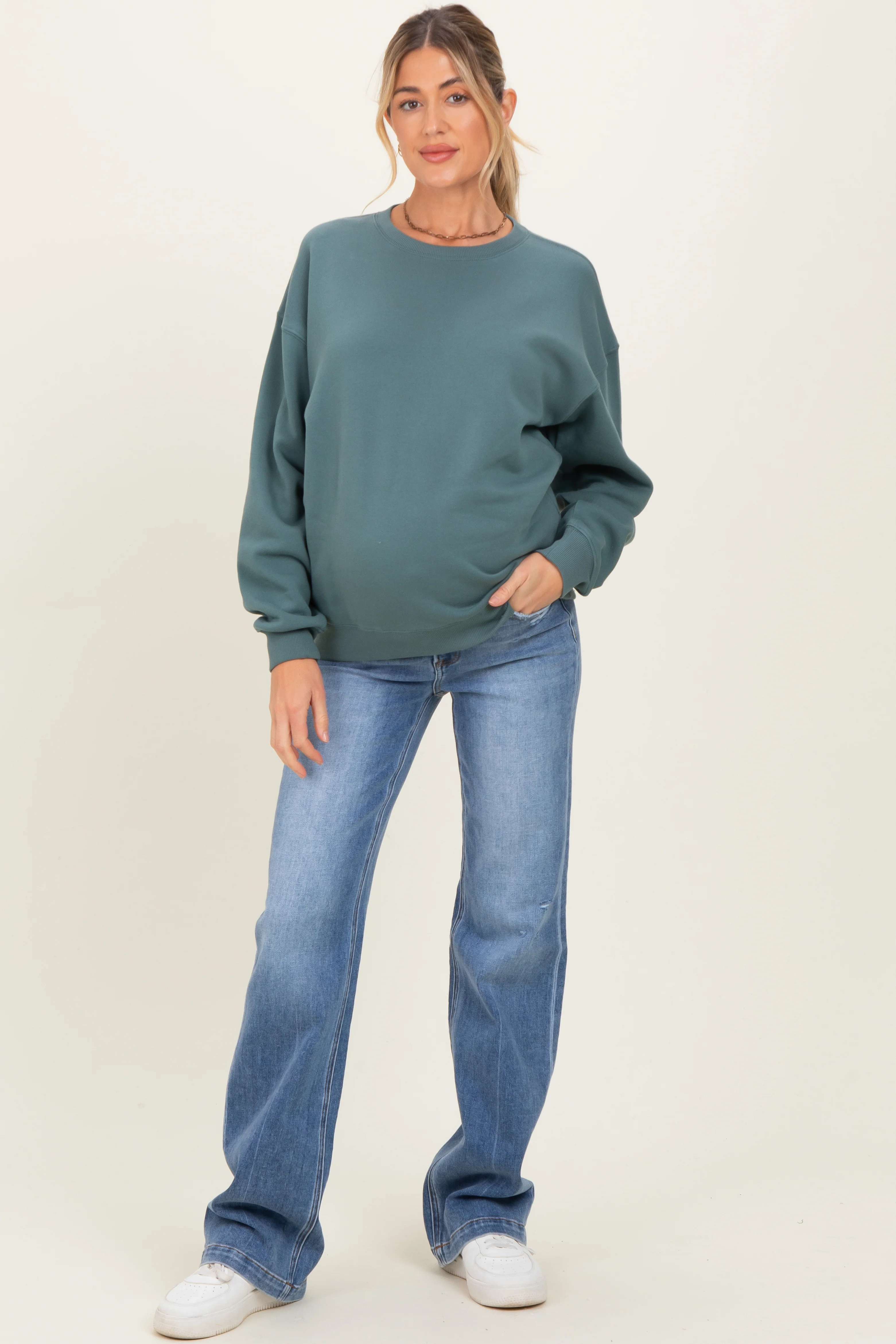 Dusty Jade Fleece Crew Neck Relaxed Fit Maternity Sweatshirt - Image 2