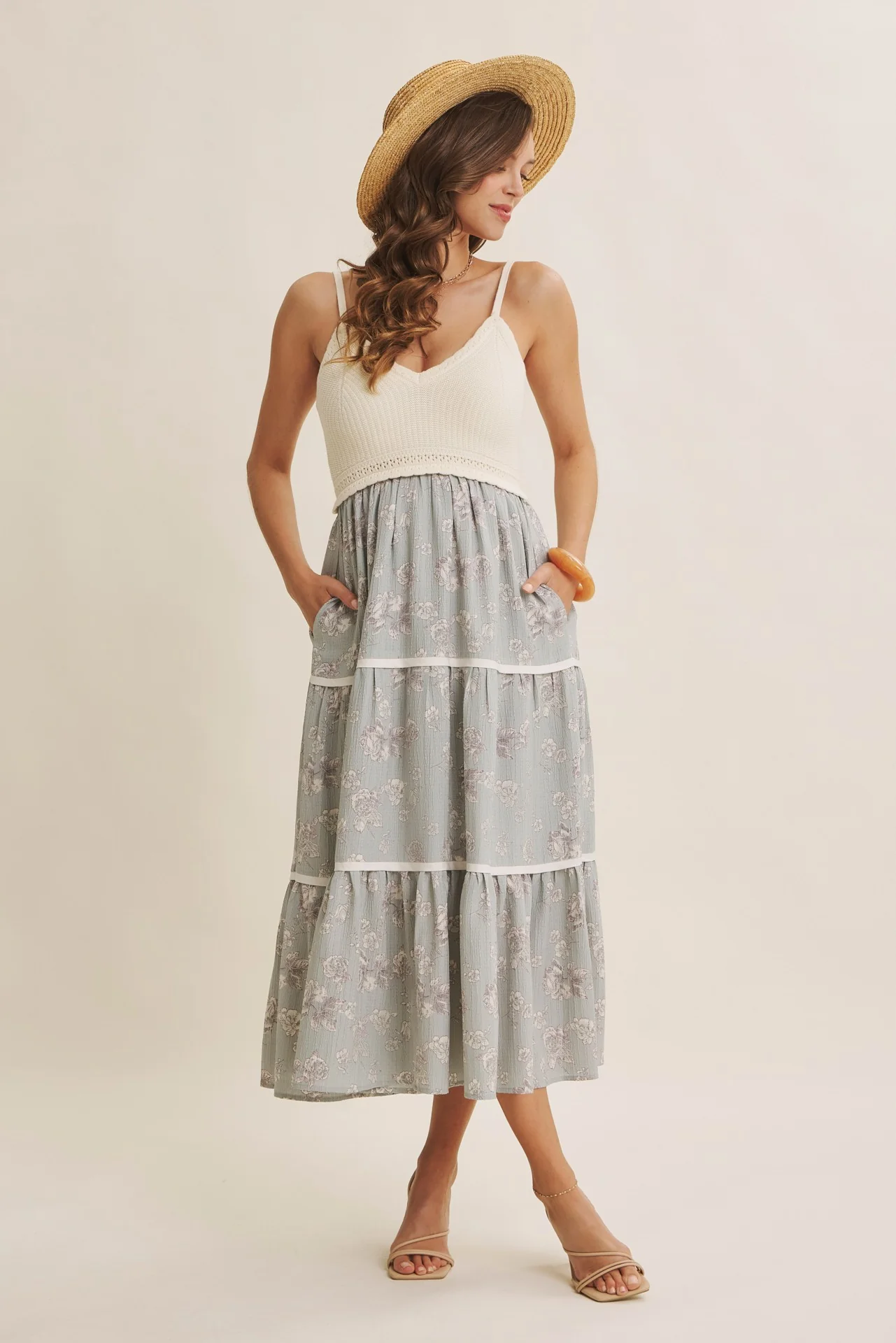Dusty Mint Floral Crochet Knit Top Floral Skirt Maternity Dress - Image 5