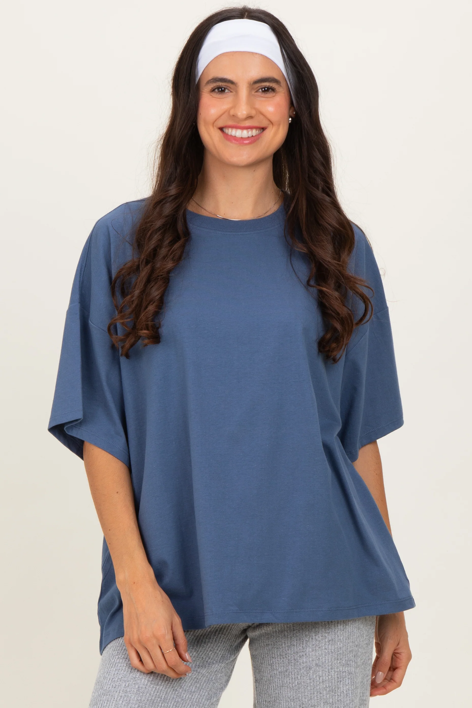 Dusty Navy Crew Neck Short Sleeve Oversized Maternity T-Shirt - Image 5