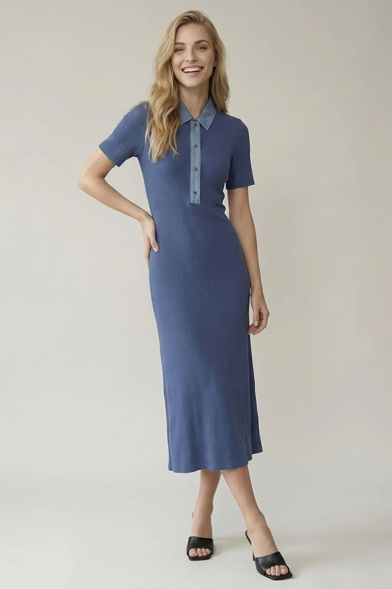 Dusty Navy Denim Contrast Collar Maternity Knit Midi Dress - Image 4