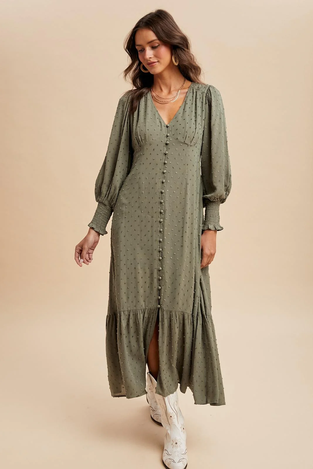 Dusty Olive Swiss Dot Button Down Maxi Dress - Image 3