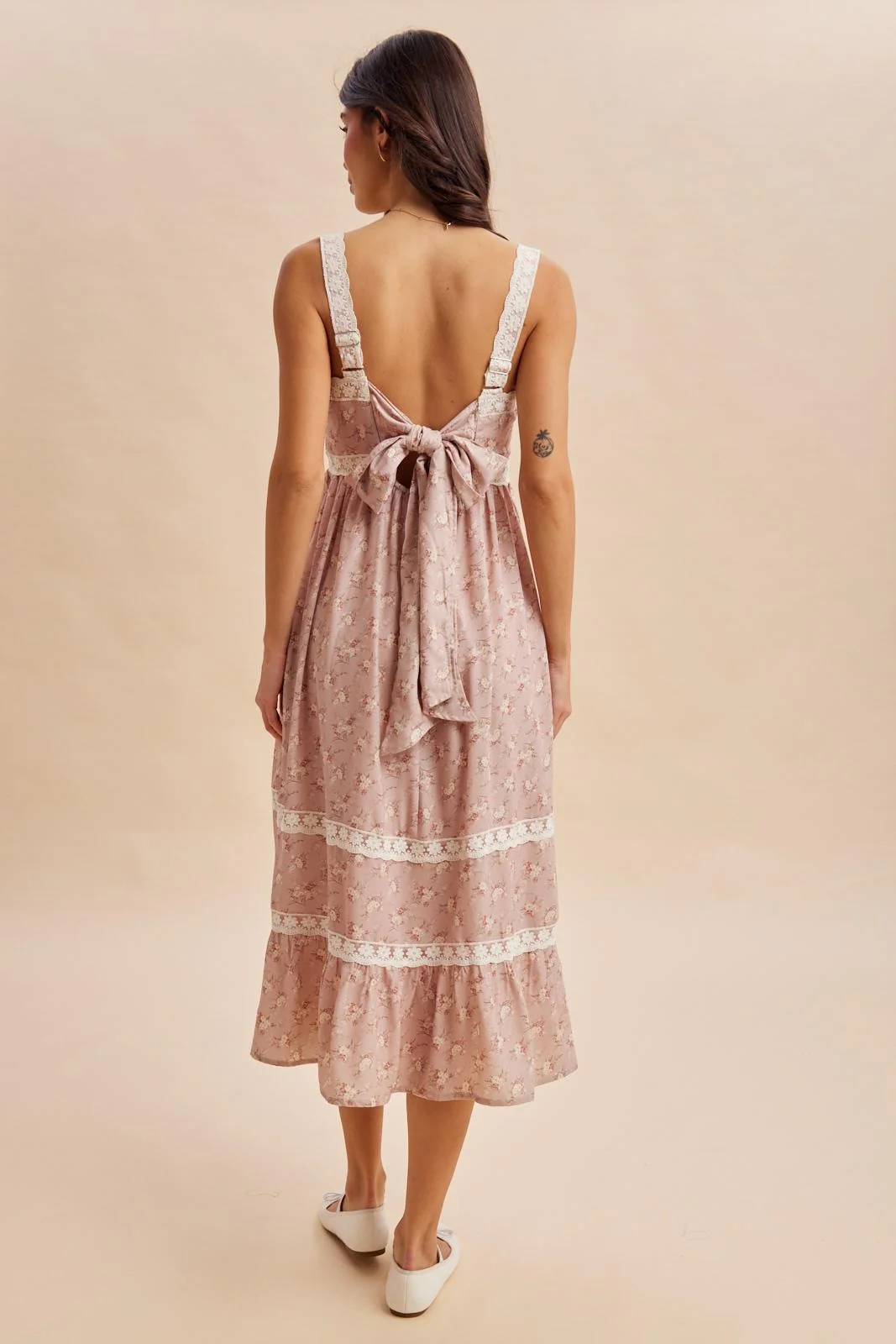 Dusty Pink Lace Floral Tie Back Midi Dress - Image 4