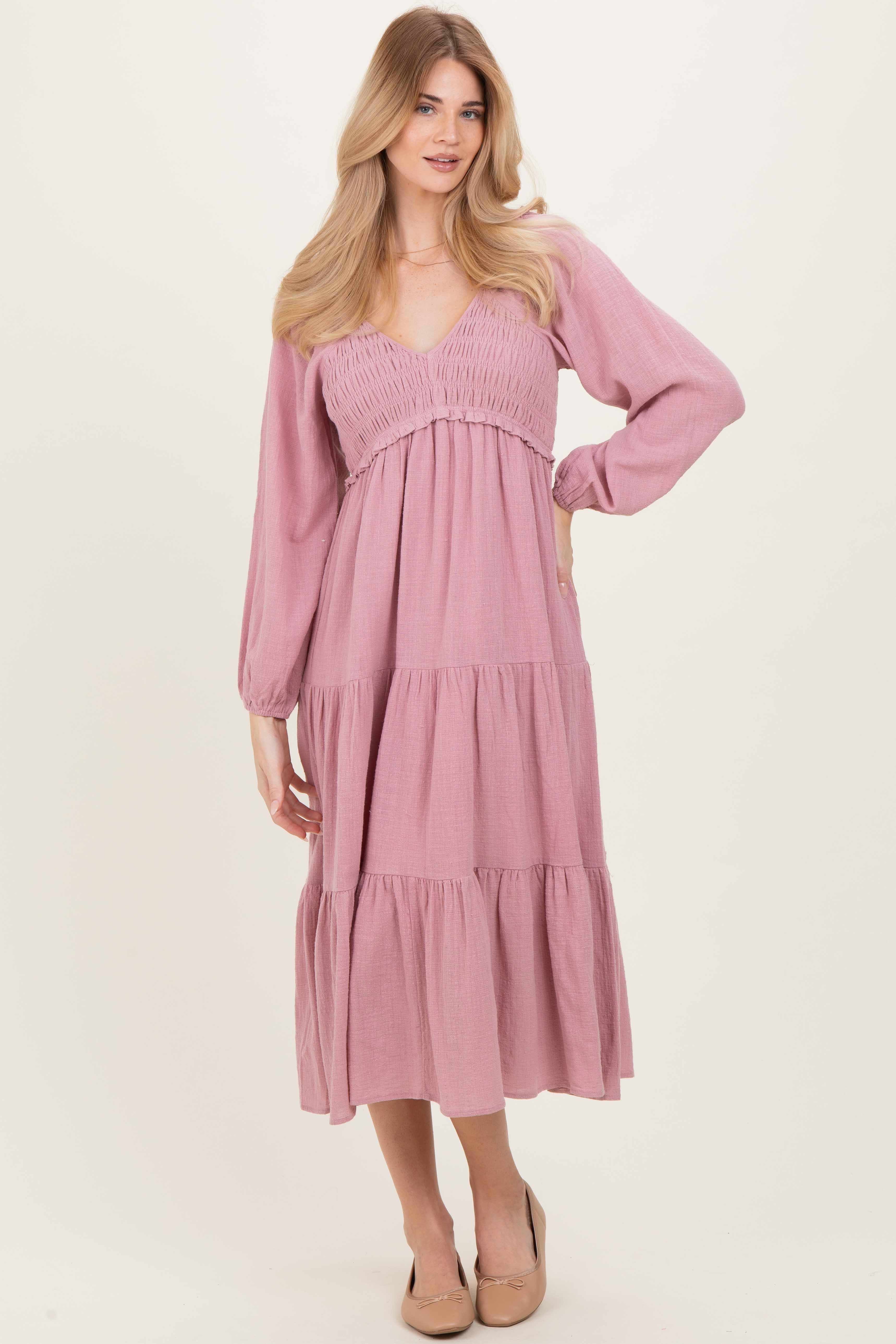 Dusty Rose Smocked Long Sleeve Maternity Midi Dress - Image 4