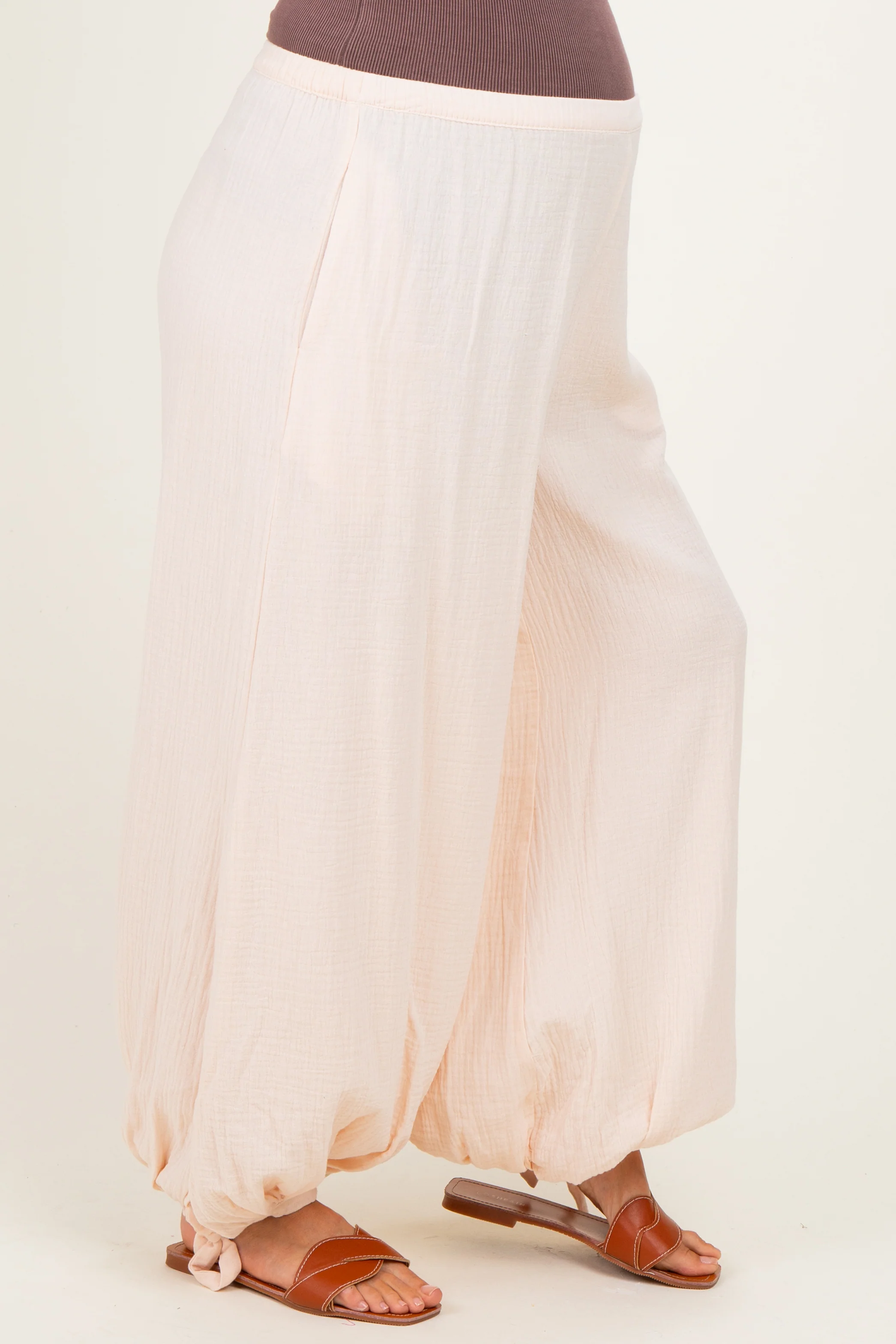 Ecru Cotton Gauze Tie Hem Maternity Pants - Image 4