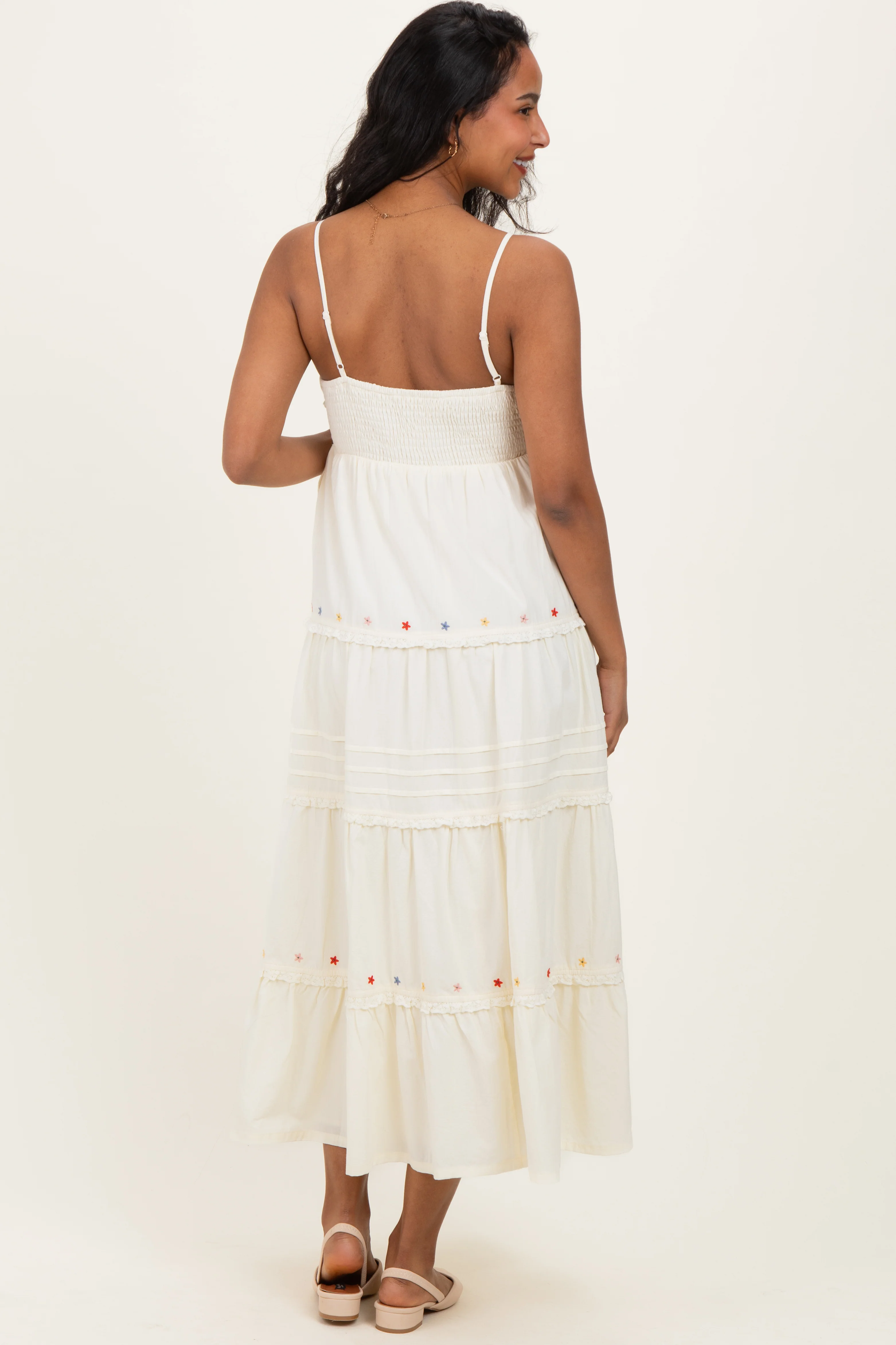Ecru Embroidered Ruffle Tiered Maternity Maxi Dress - Image 4