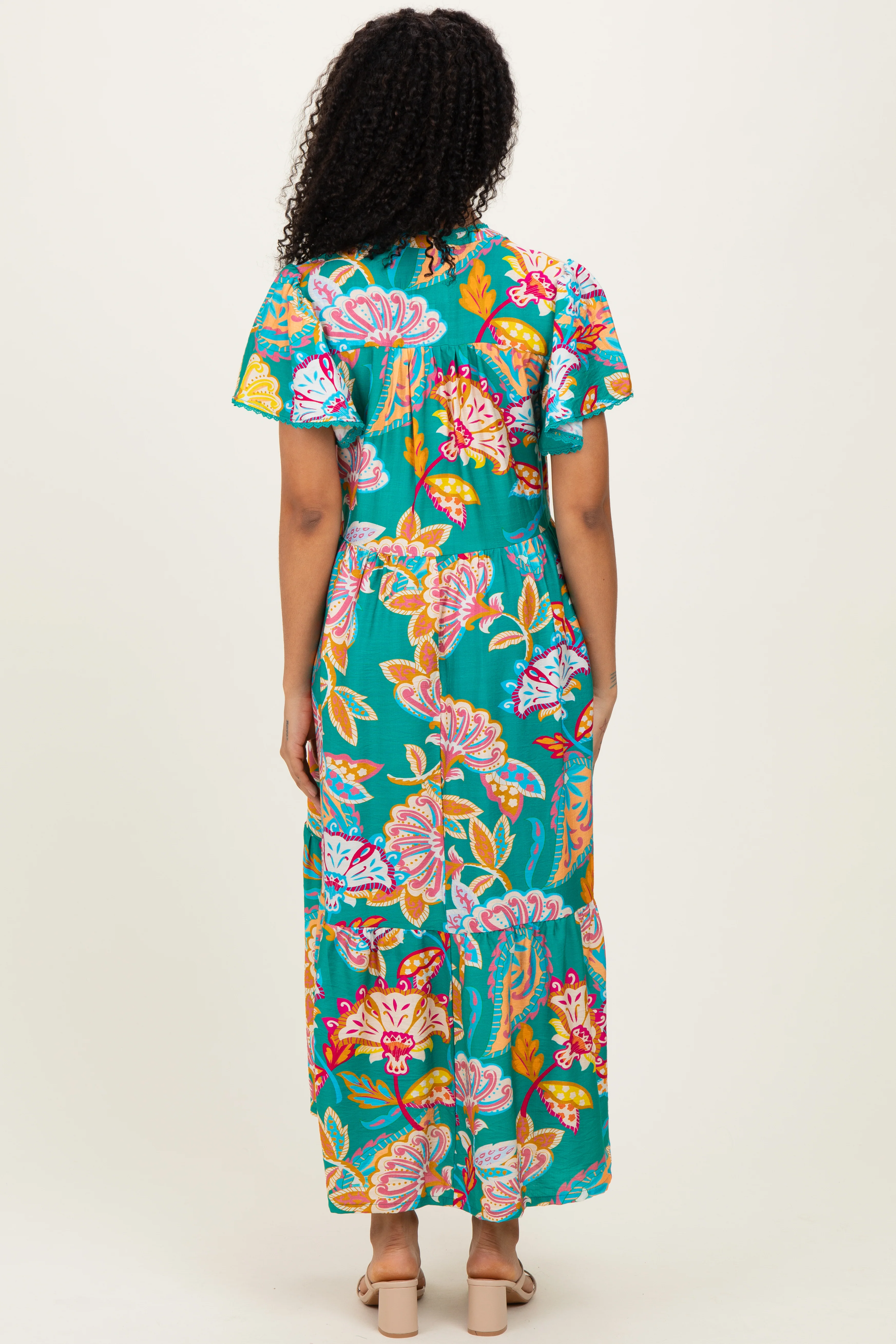 Emerald Boho Print Lace Trim Tiered Midi Dress - Image 3