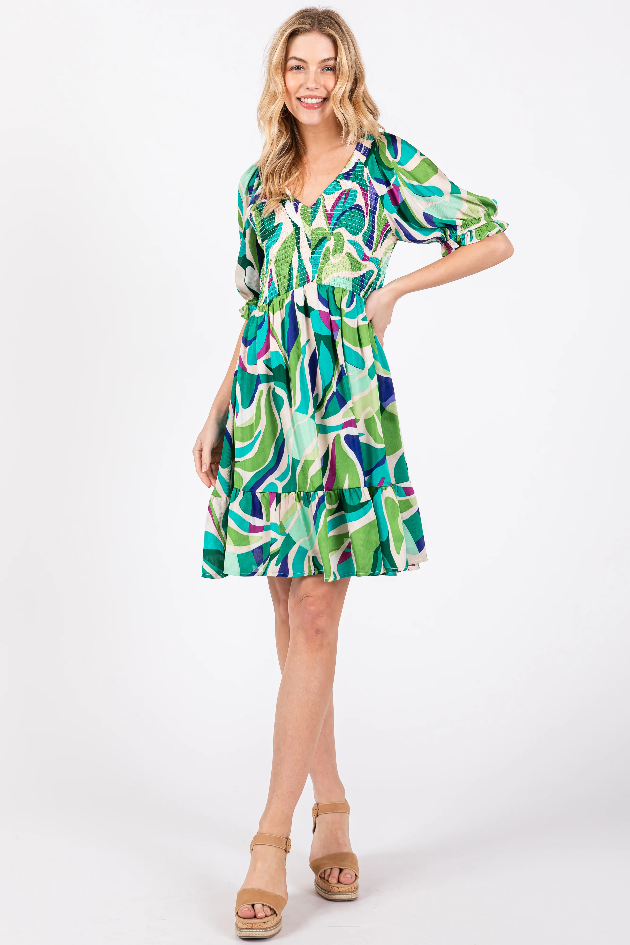 Emerald Green Abstract Print Smocked Maternity Dress - Image 5