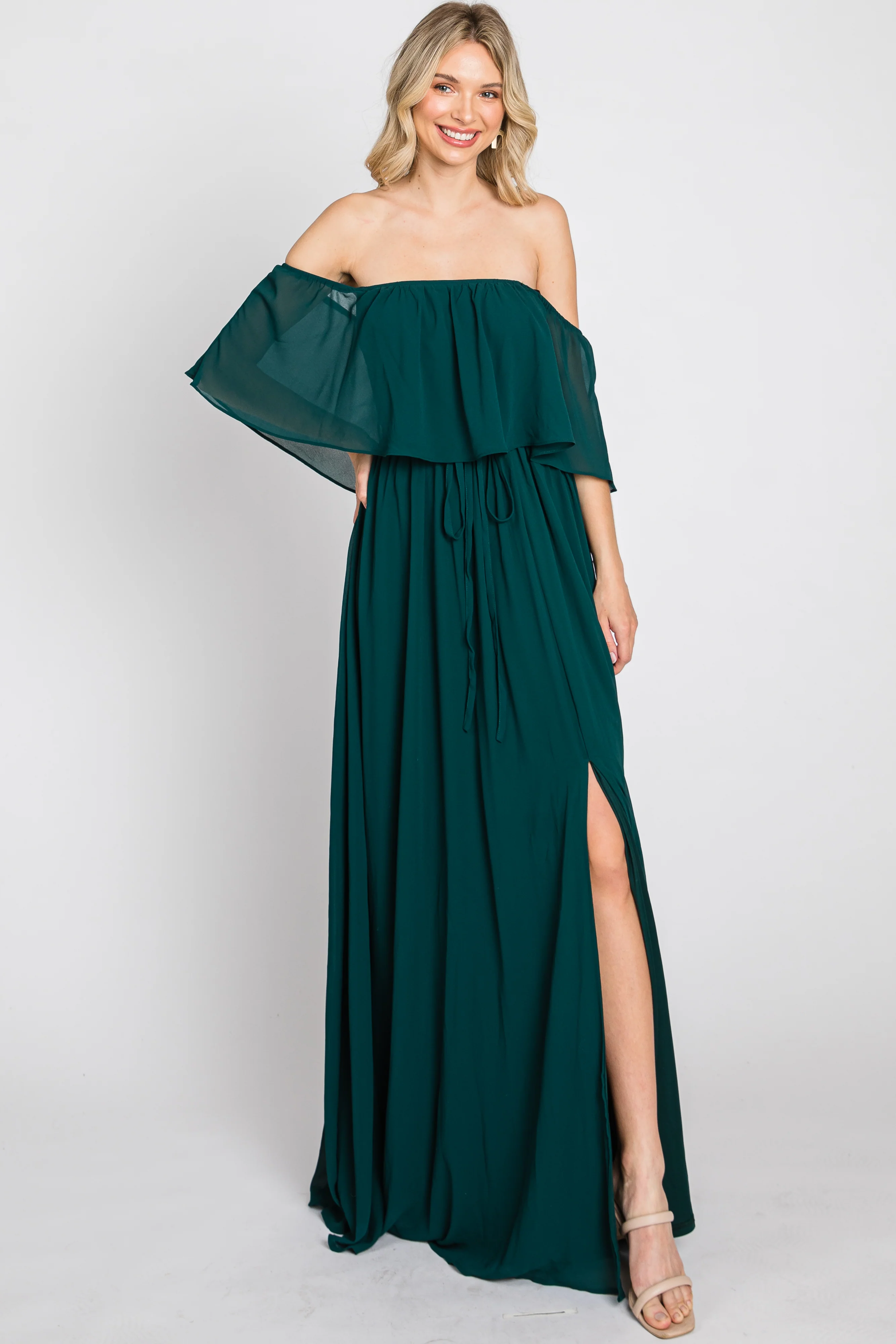 Emerald Green Chiffon Off Shoulder Maternity Maxi Dress - Image 4