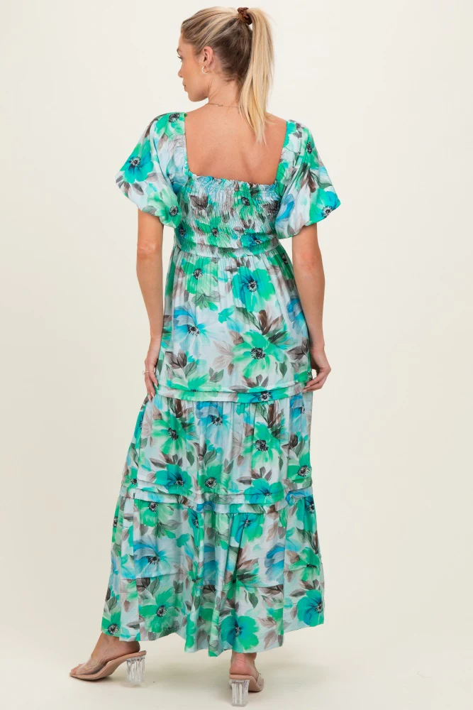 Emerald Green Floral Smocked Tiered Maternity Maxi Dress - Image 3