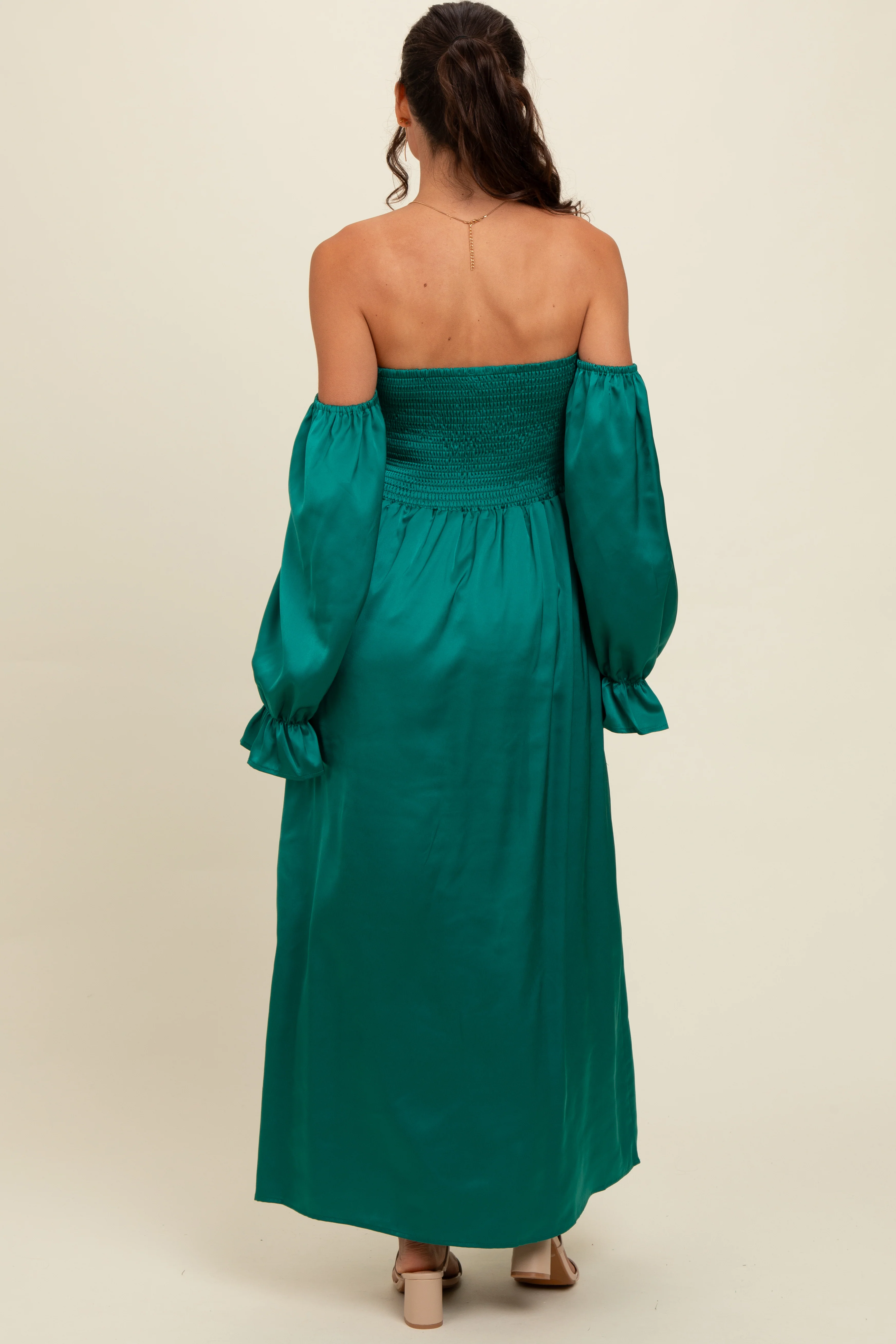Emerald Green Off Shoulder Satin Pleated Bodice Maxi Dress - Image 3