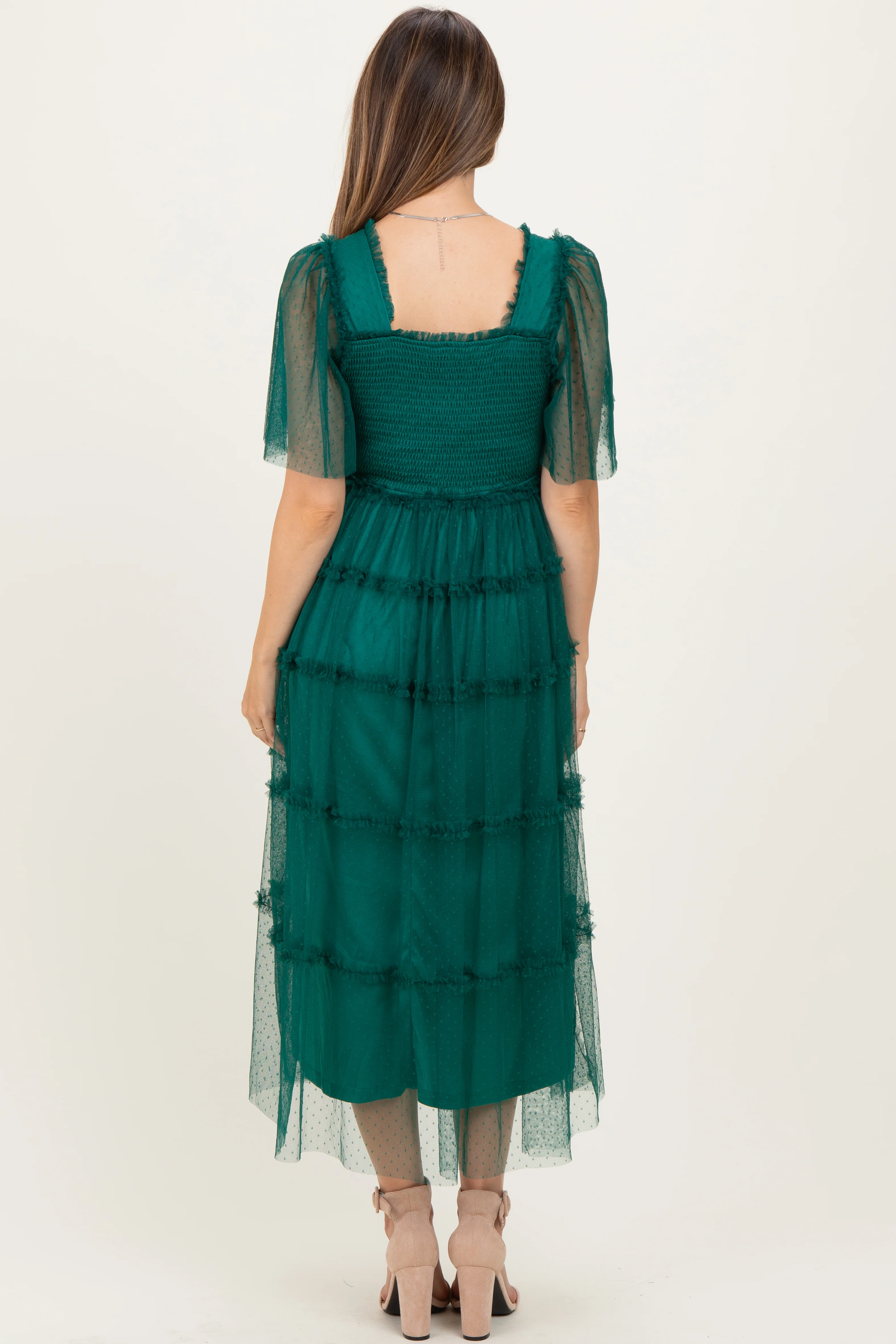 Emerald Green Ruffled Mesh Maternity Maxi Dress - Image 3