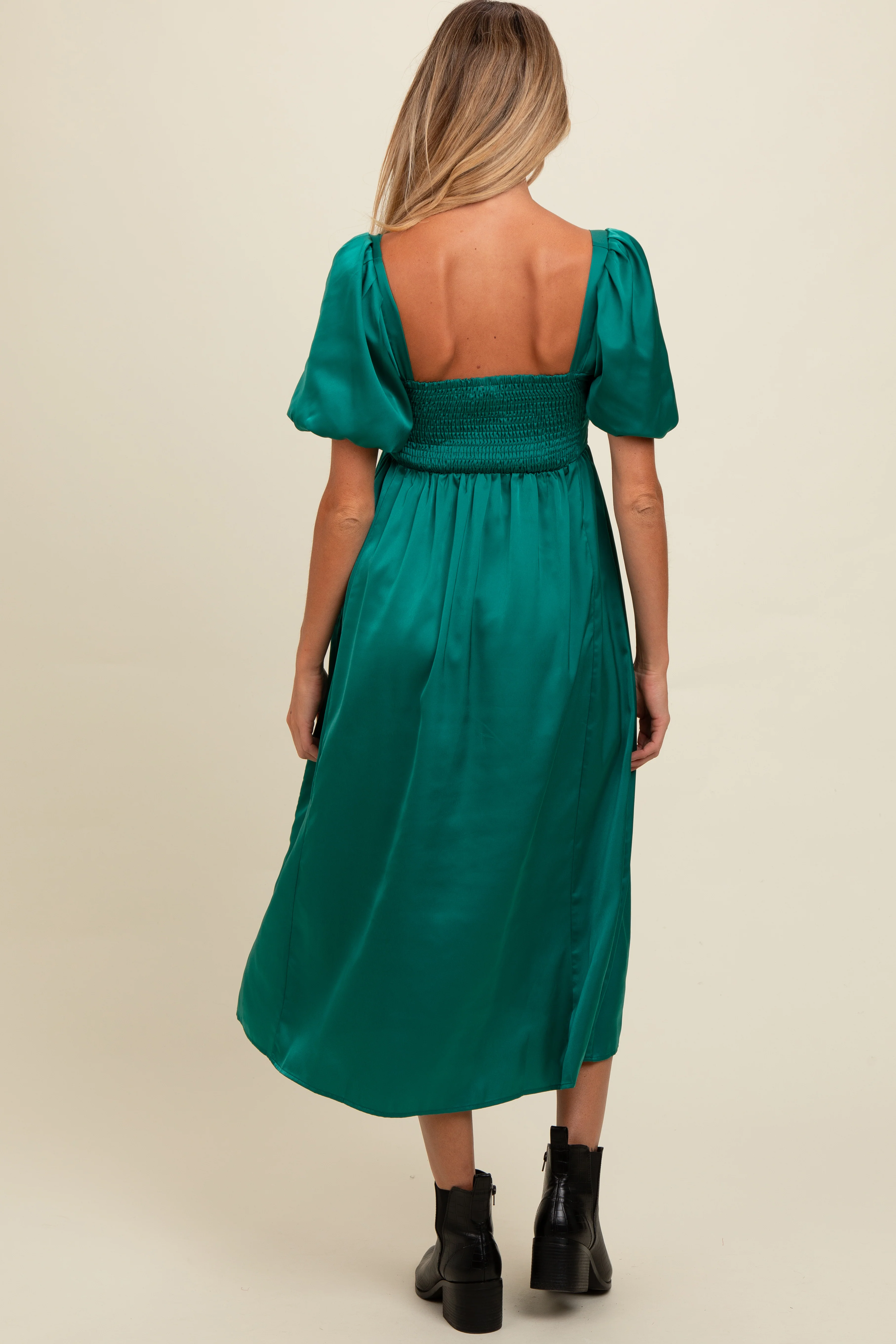 Emerald Green Satin Pleated Bodice Puff Sleeve Maternity Midi Dress - Image 4