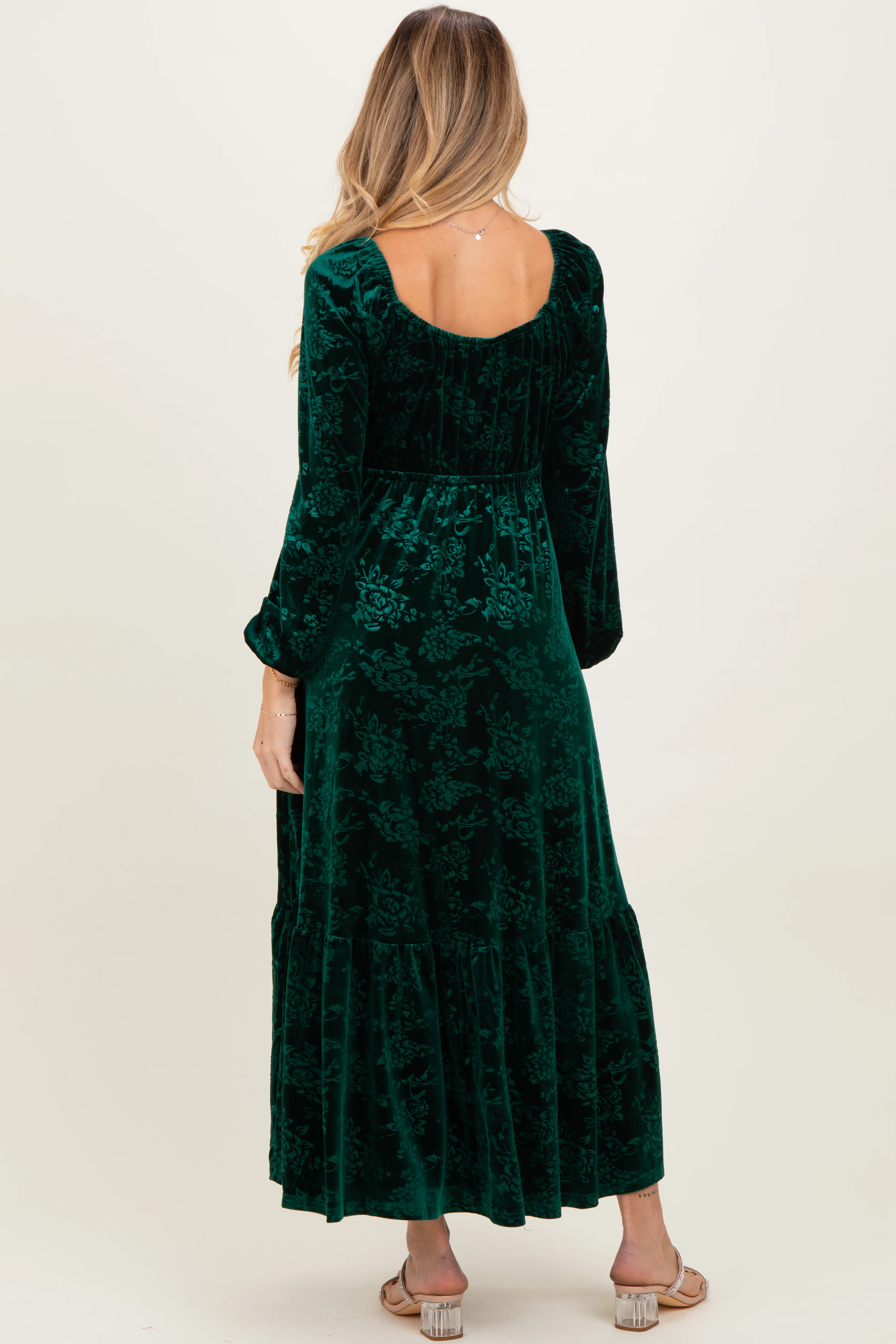 Emerald Green Velvet Jacquard Floral Maternity Maxi Dress - Image 4