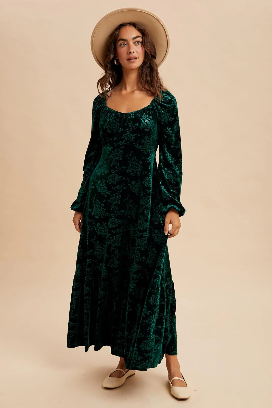 Emerald Green Velvet Jacquard Floral Maxi Dress