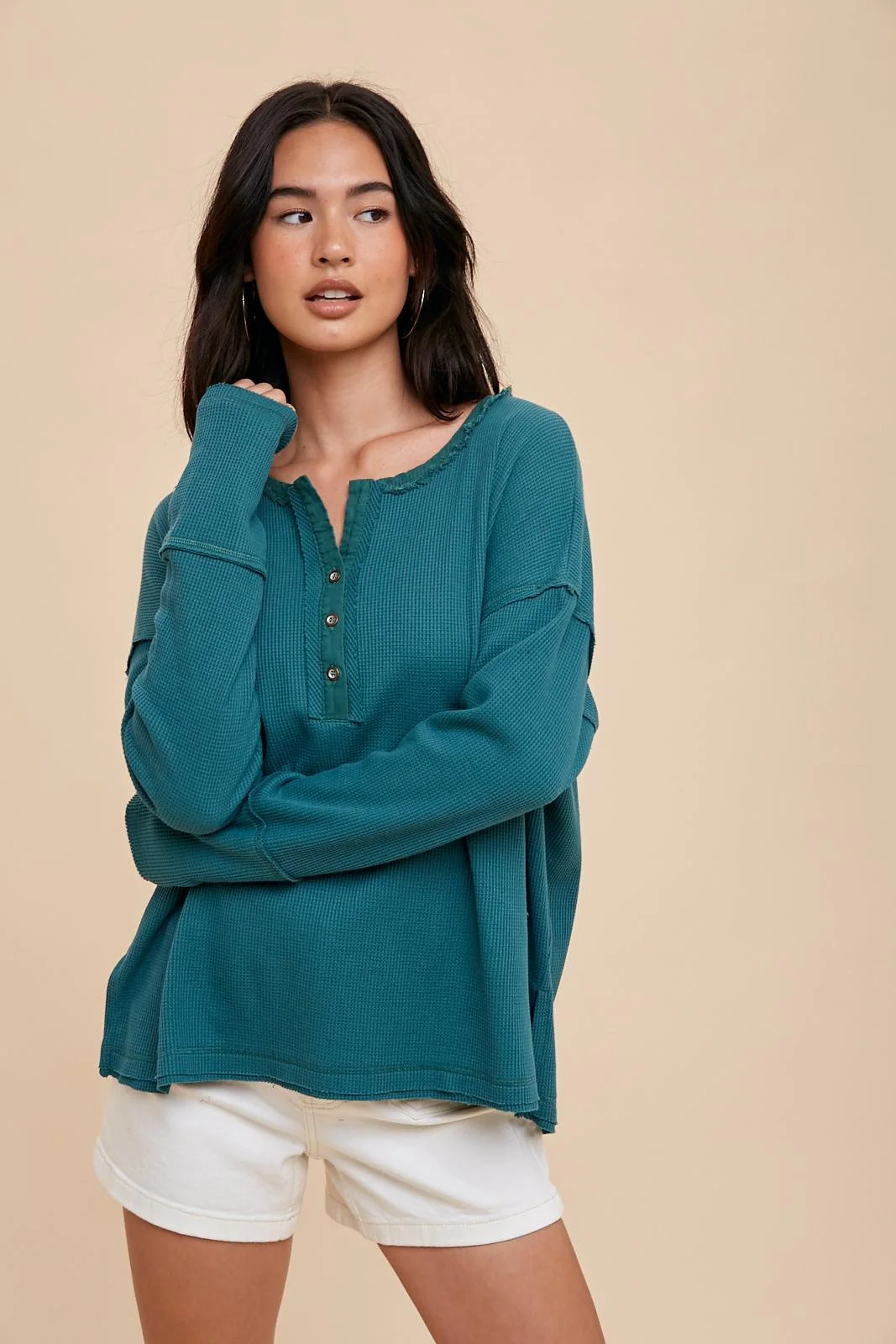 Emerald Green Waffle Knit Maternity Henley Top - Image 5