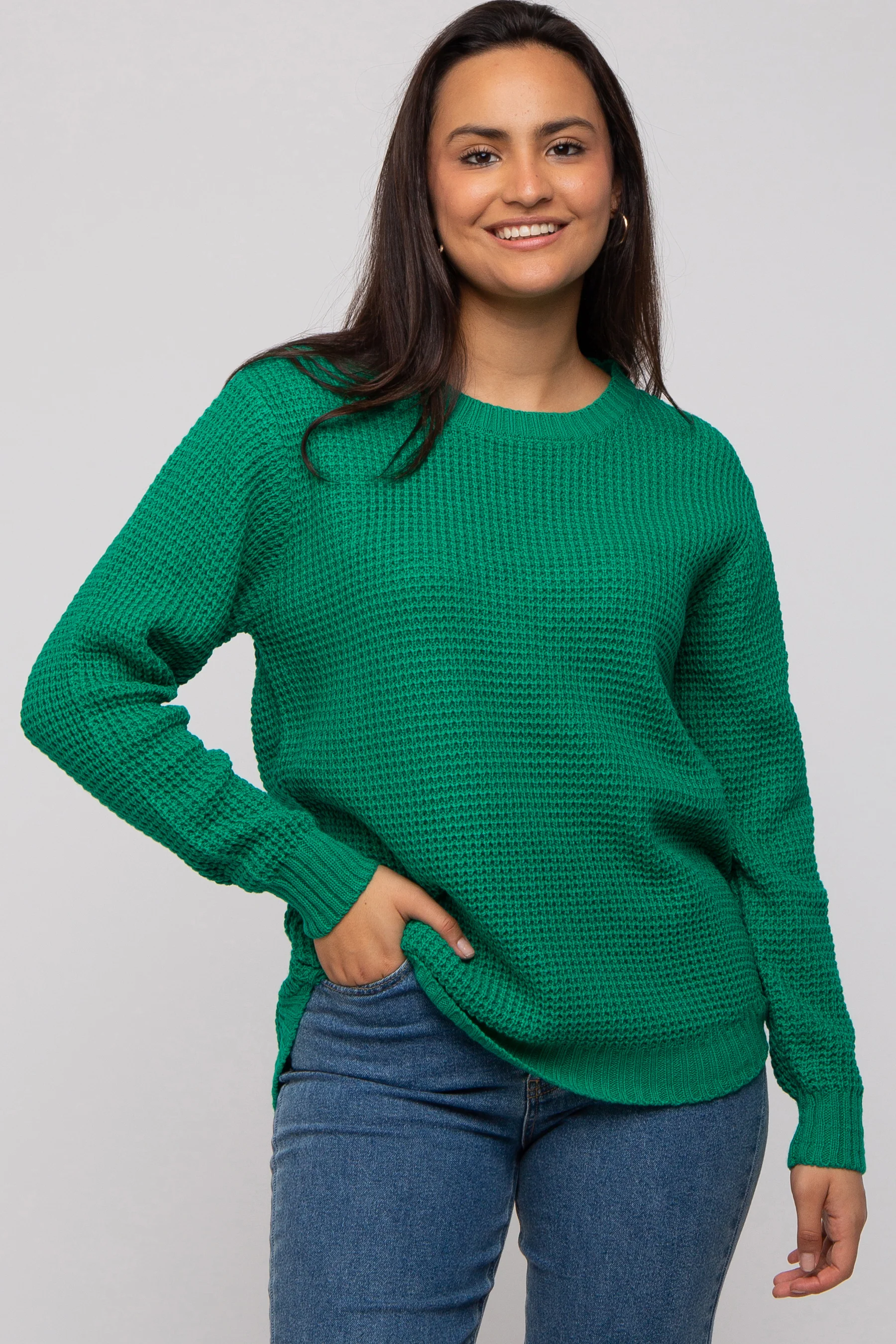 Emerald Green Waffle Knit Round Hem Maternity Sweater - Image 6