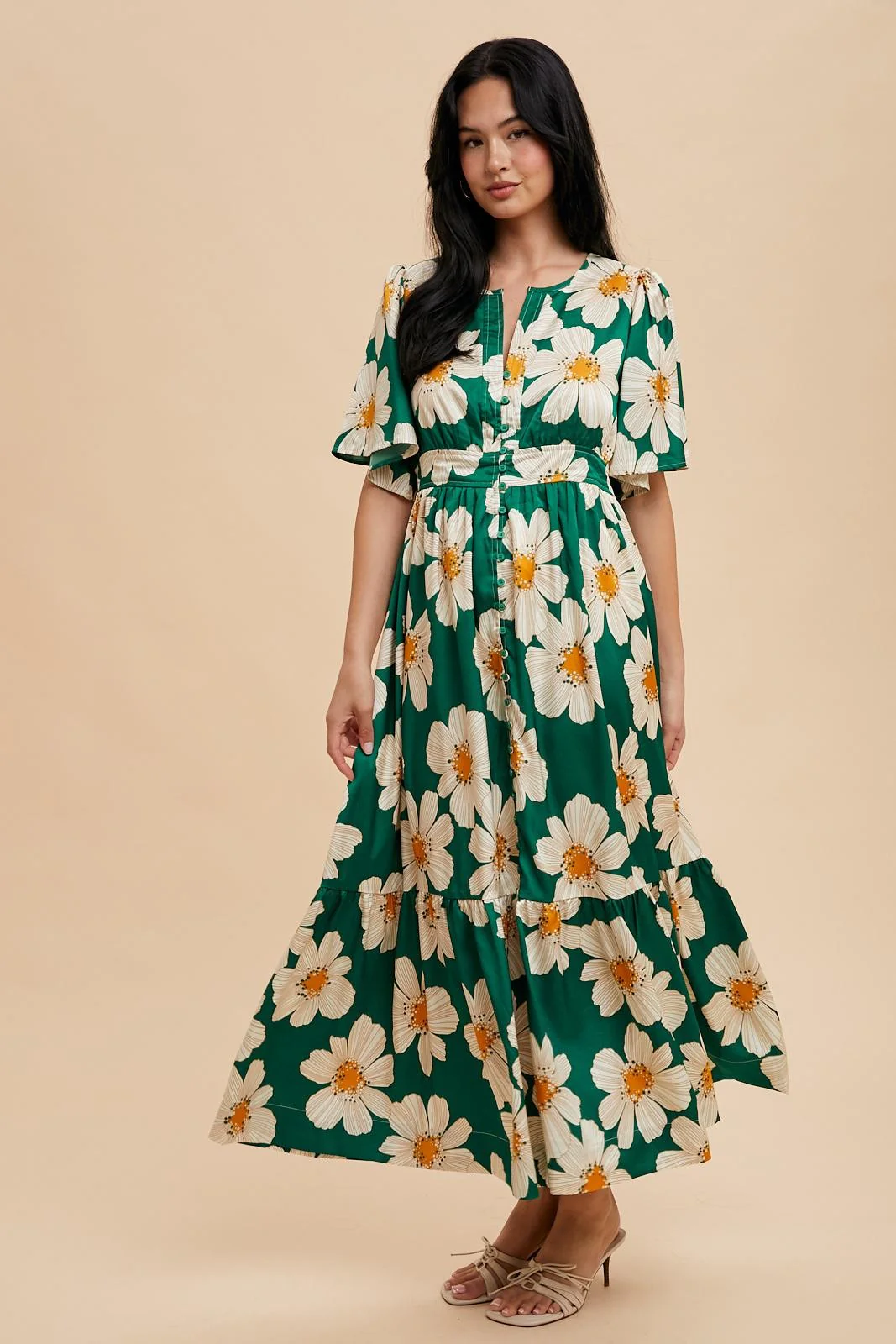 Emerald Notched Collar Floral Button Down Maxi Dress - Image 2