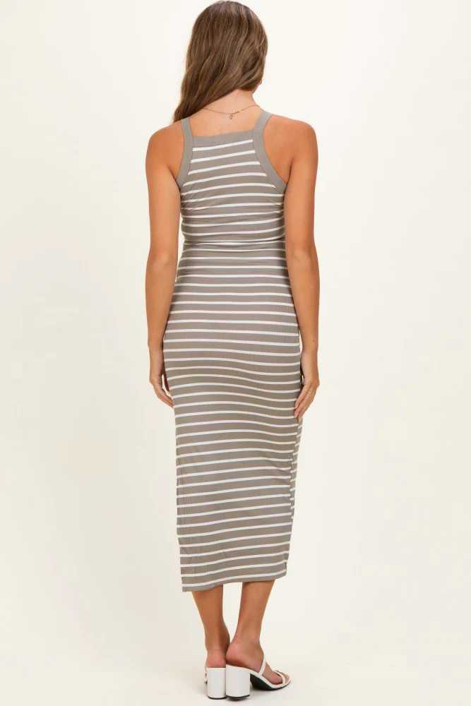 Faded Olive Striped High Neck Ribbed Maternity Maxi Dress - Image 3