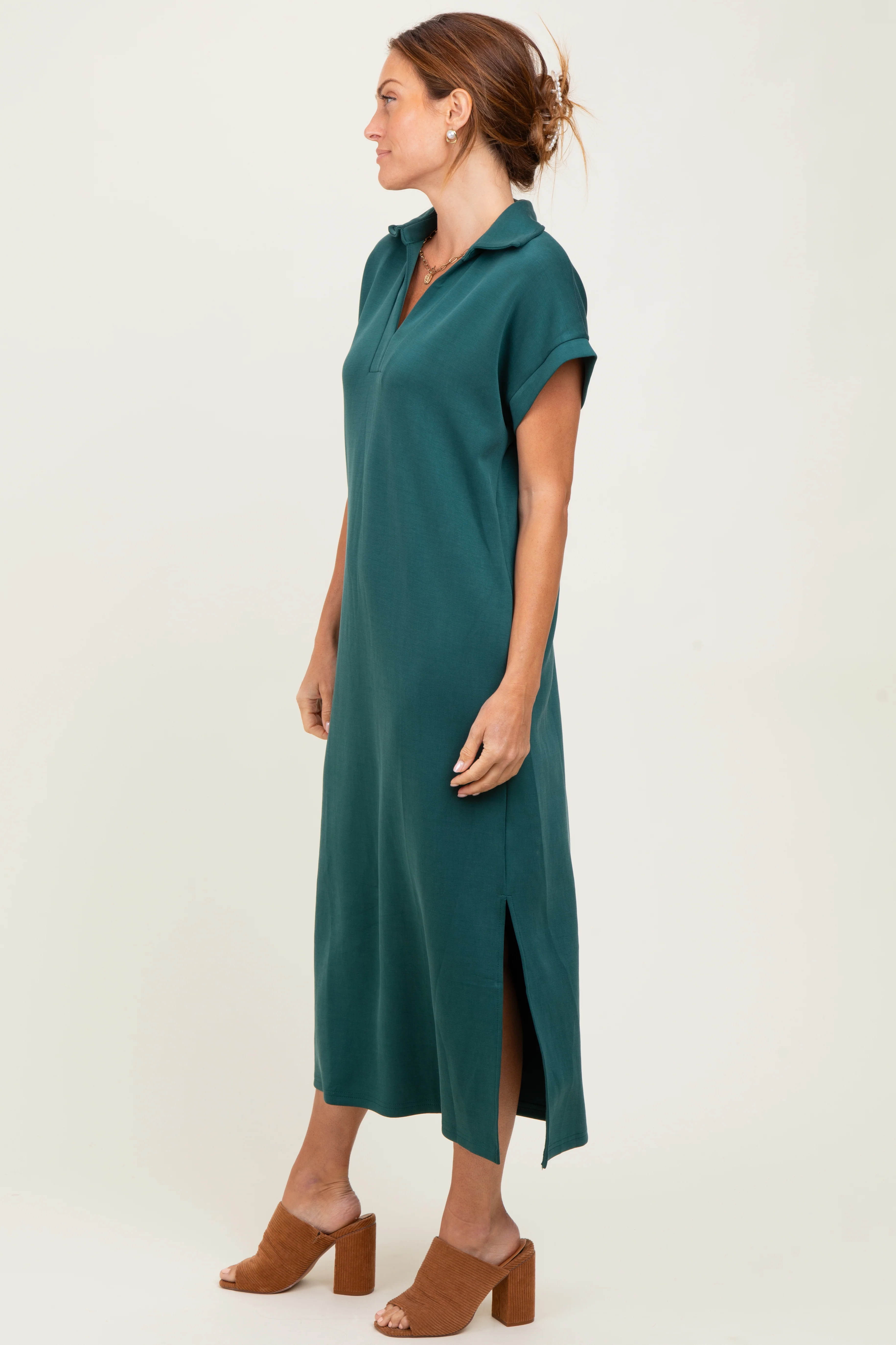 Forest Green Collared Short Sleeve Midi Dress - Image 3