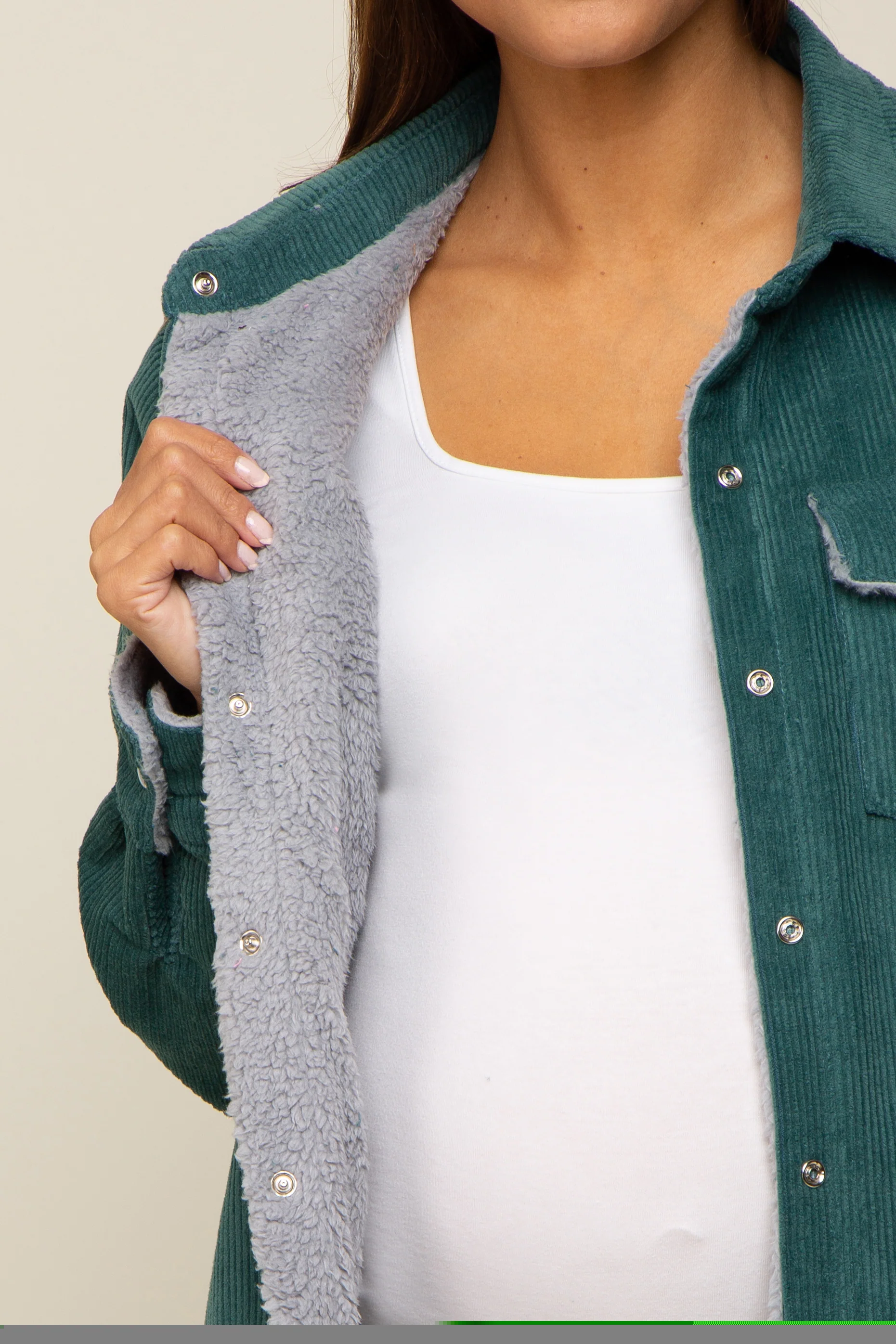 Forest Green Corduroy Sherpa Lined Maternity Shacket - Image 4