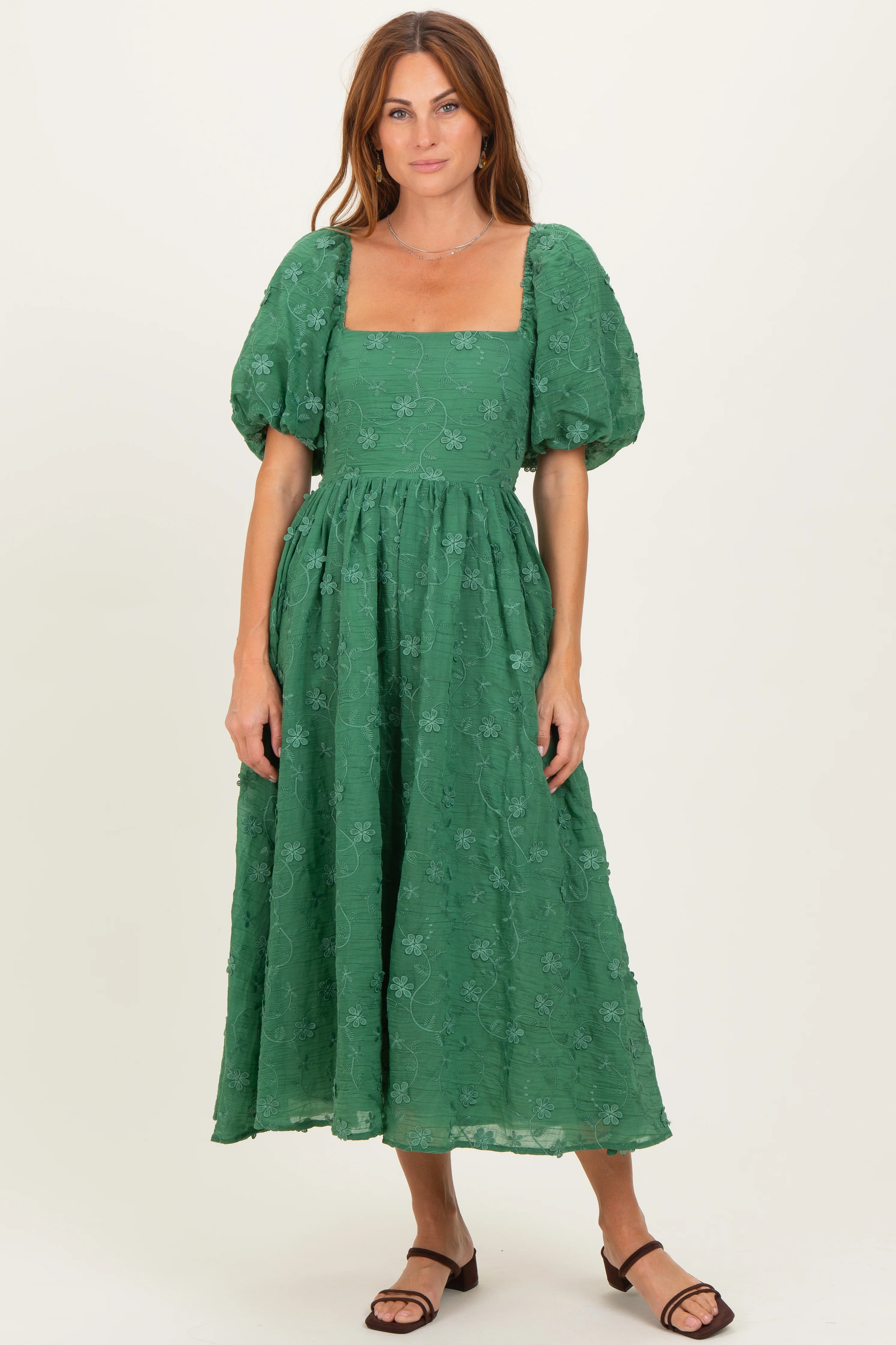 Forest Green Embroidered Floral Puff Sleeve Maternity Midi Dress - Image 4