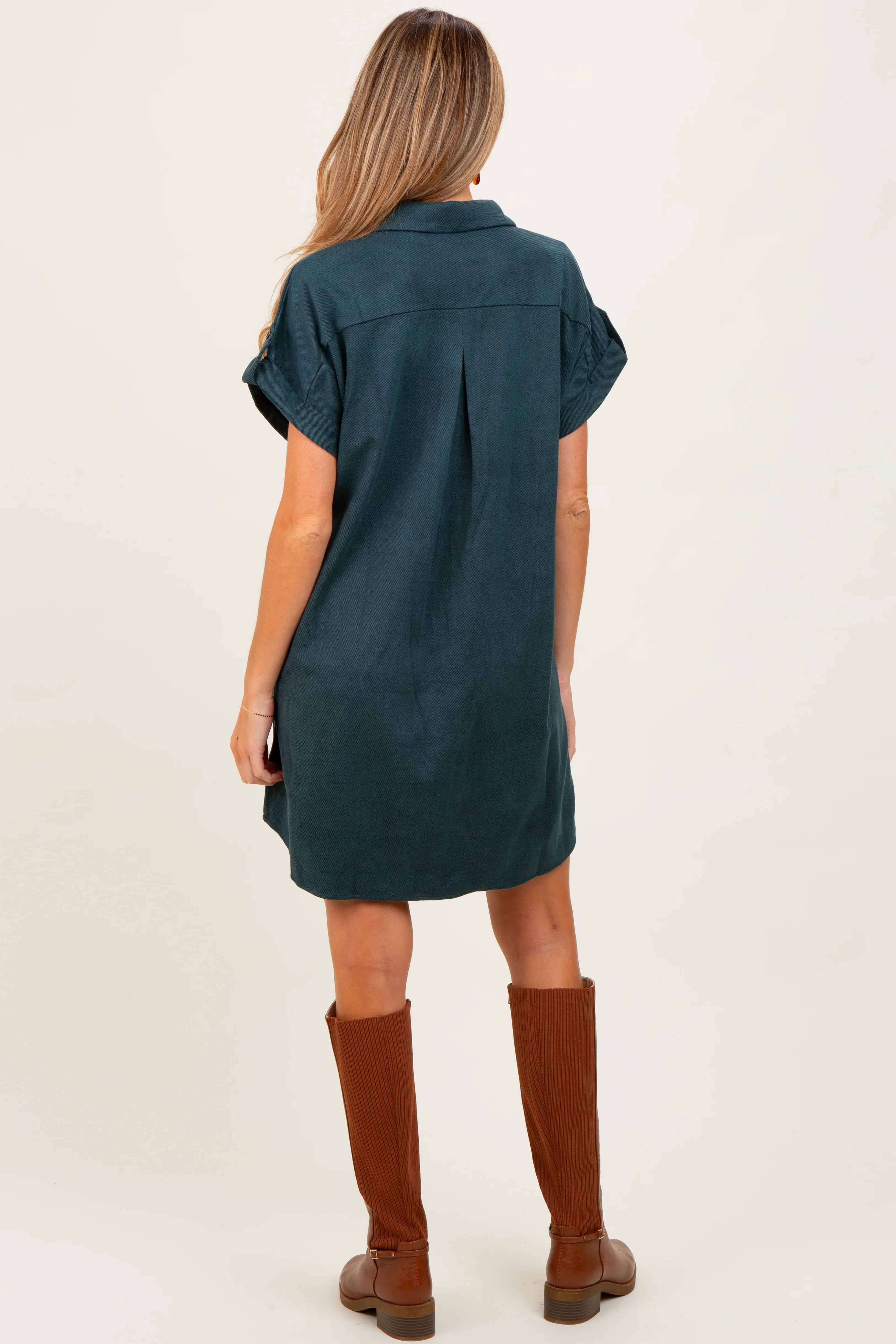 Forest Green Faux Suede Button Down Maternity Shirt Dress - Image 4