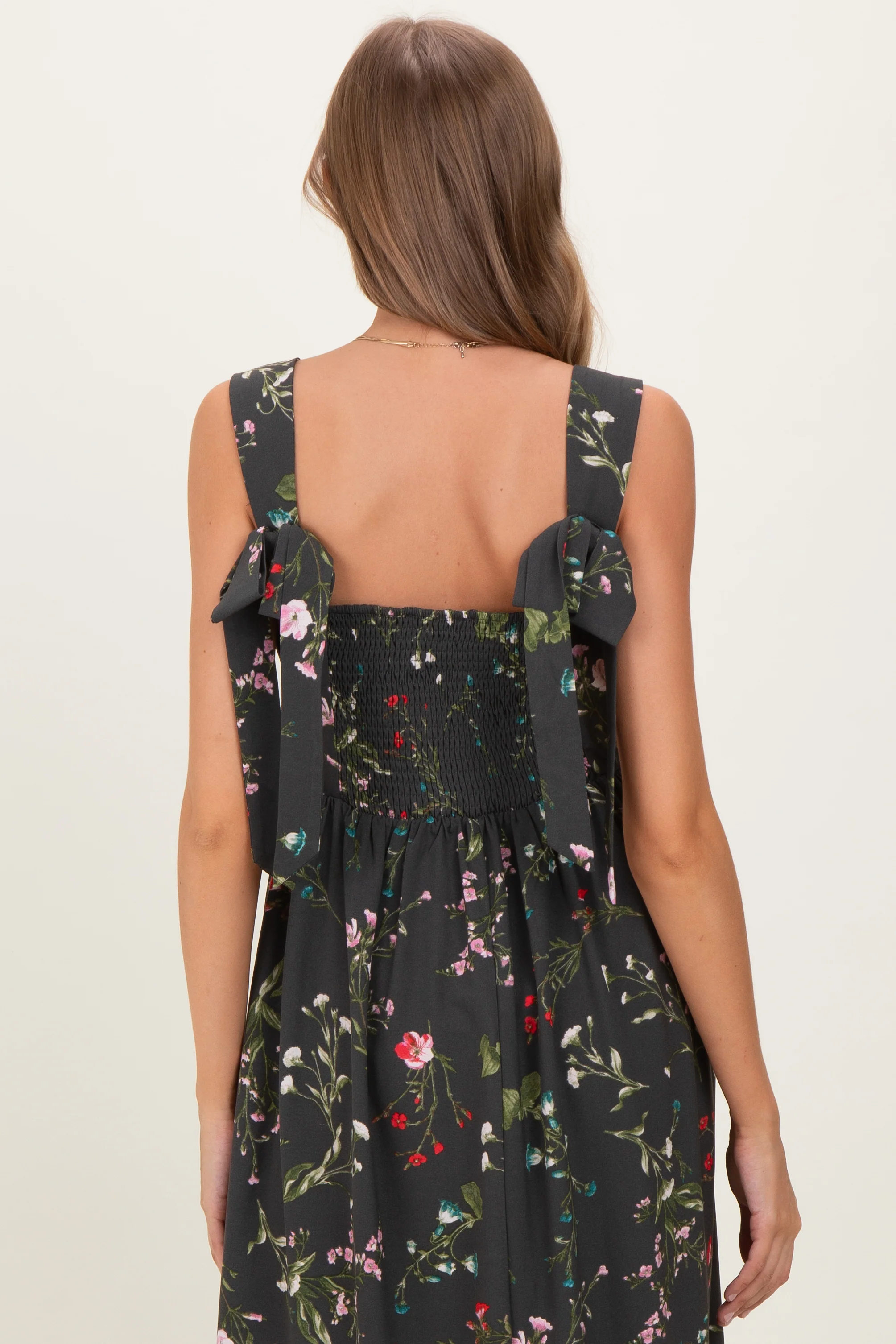 Forest Green Floral Bow Strap Maternity Maxi Dress - Image 3