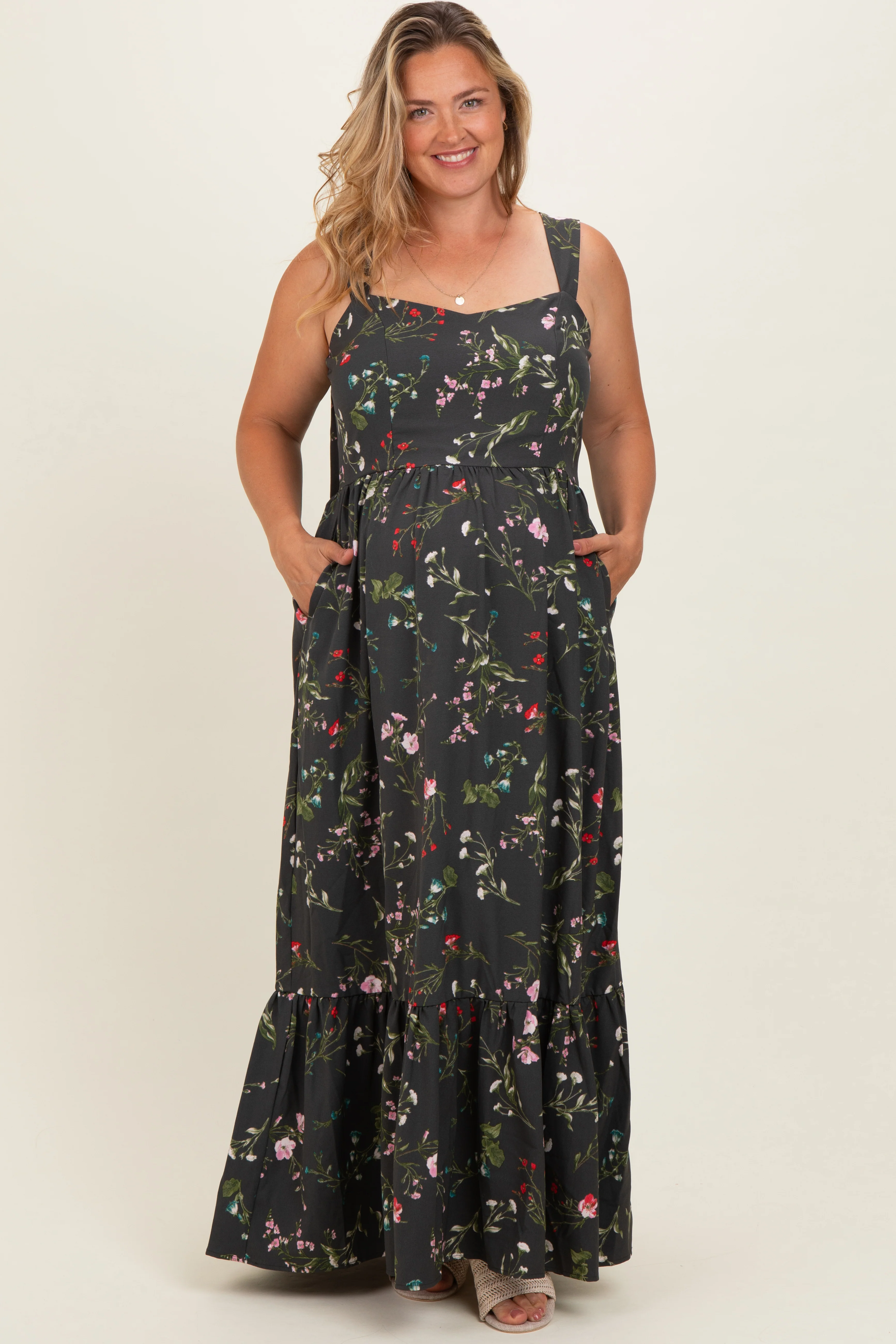 Forest Green Floral Bow Strap Maternity Plus Maxi Dress - Image 2