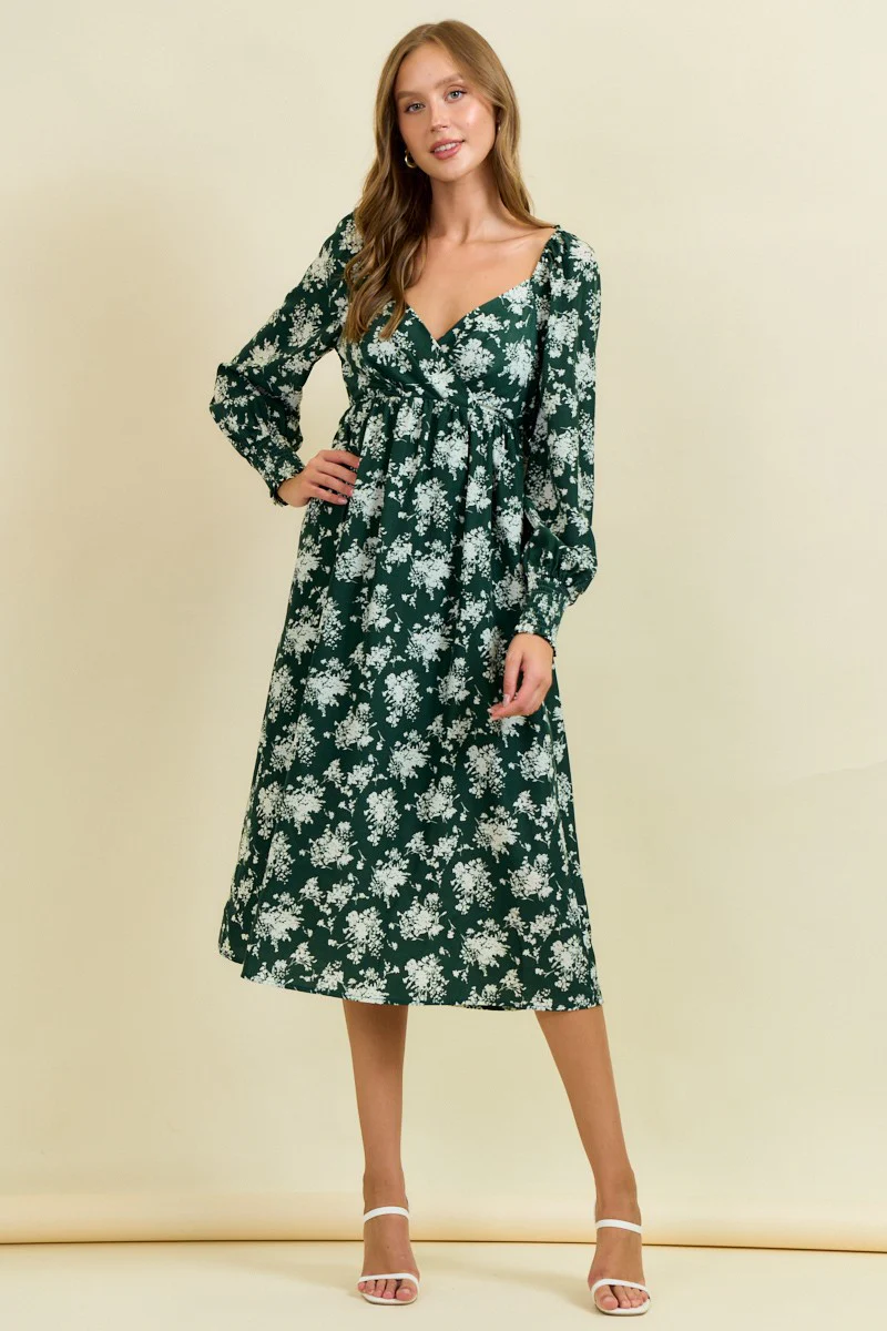 Forest Green Floral Crossover Neckline Maternity Midi Dress - Image 4