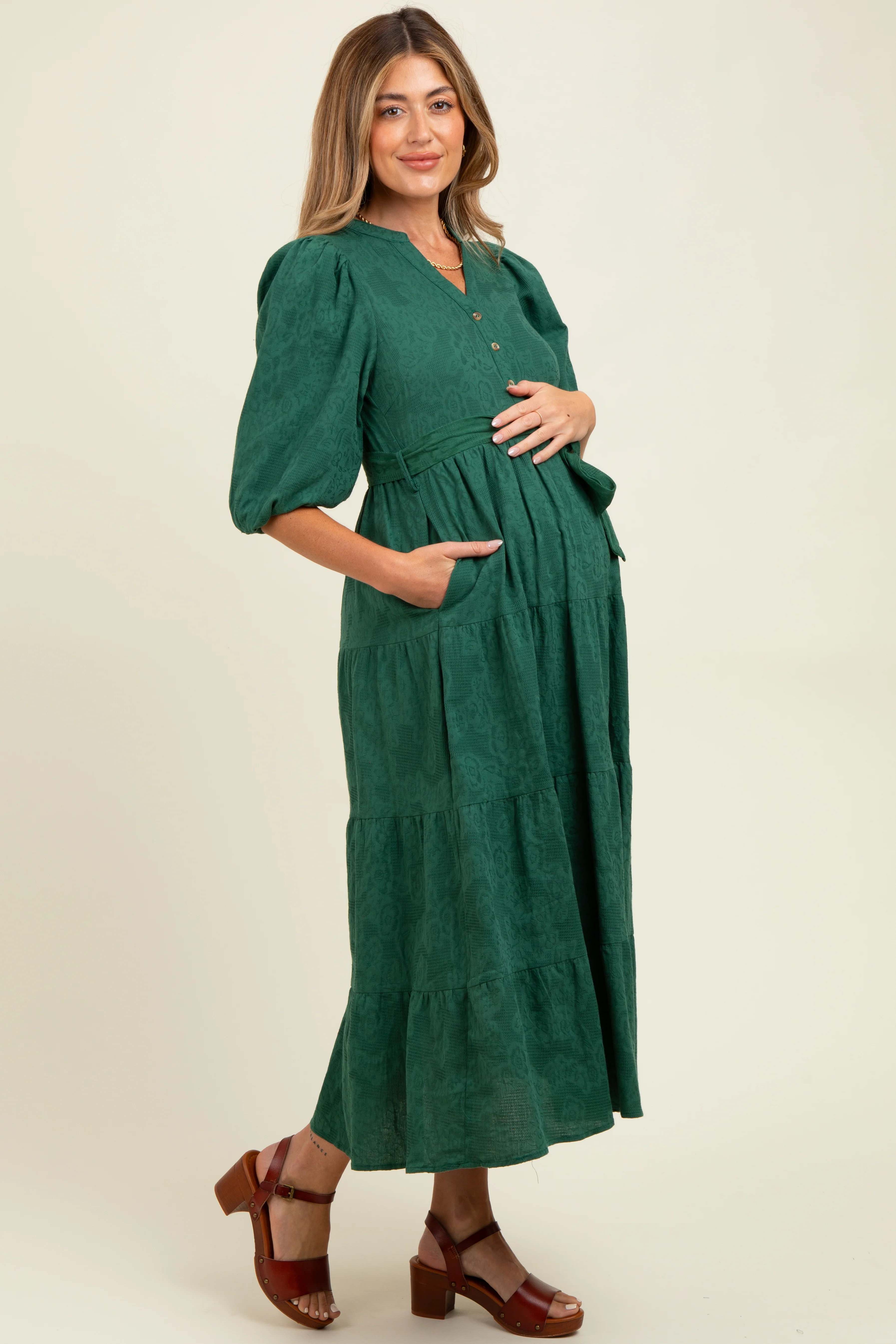 Forest Green Floral Jacquard Button Front Tiered Maternity Dress - Image 3