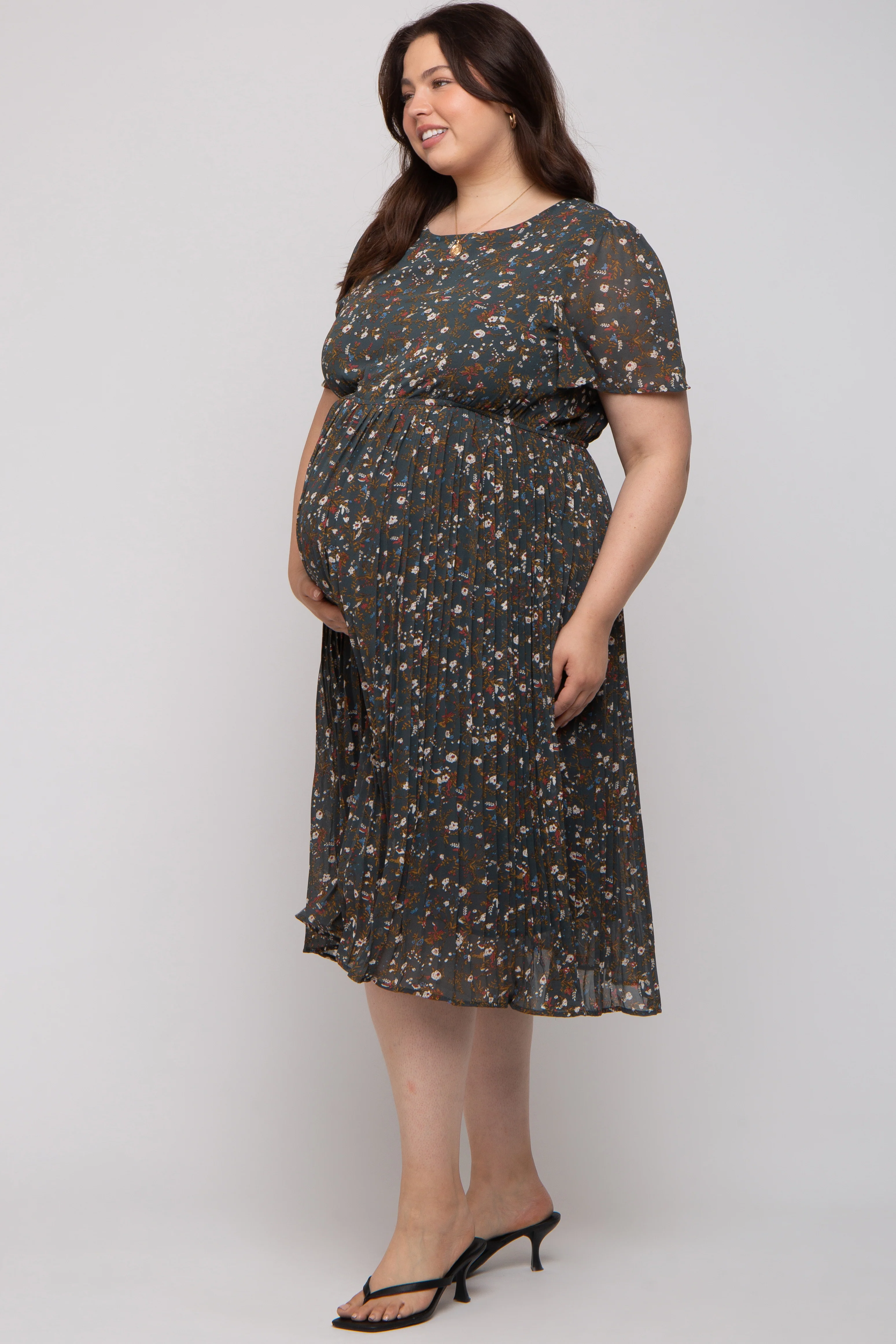 Forest Green Floral Pleated Chiffon Maternity Plus Midi Dress - Image 3