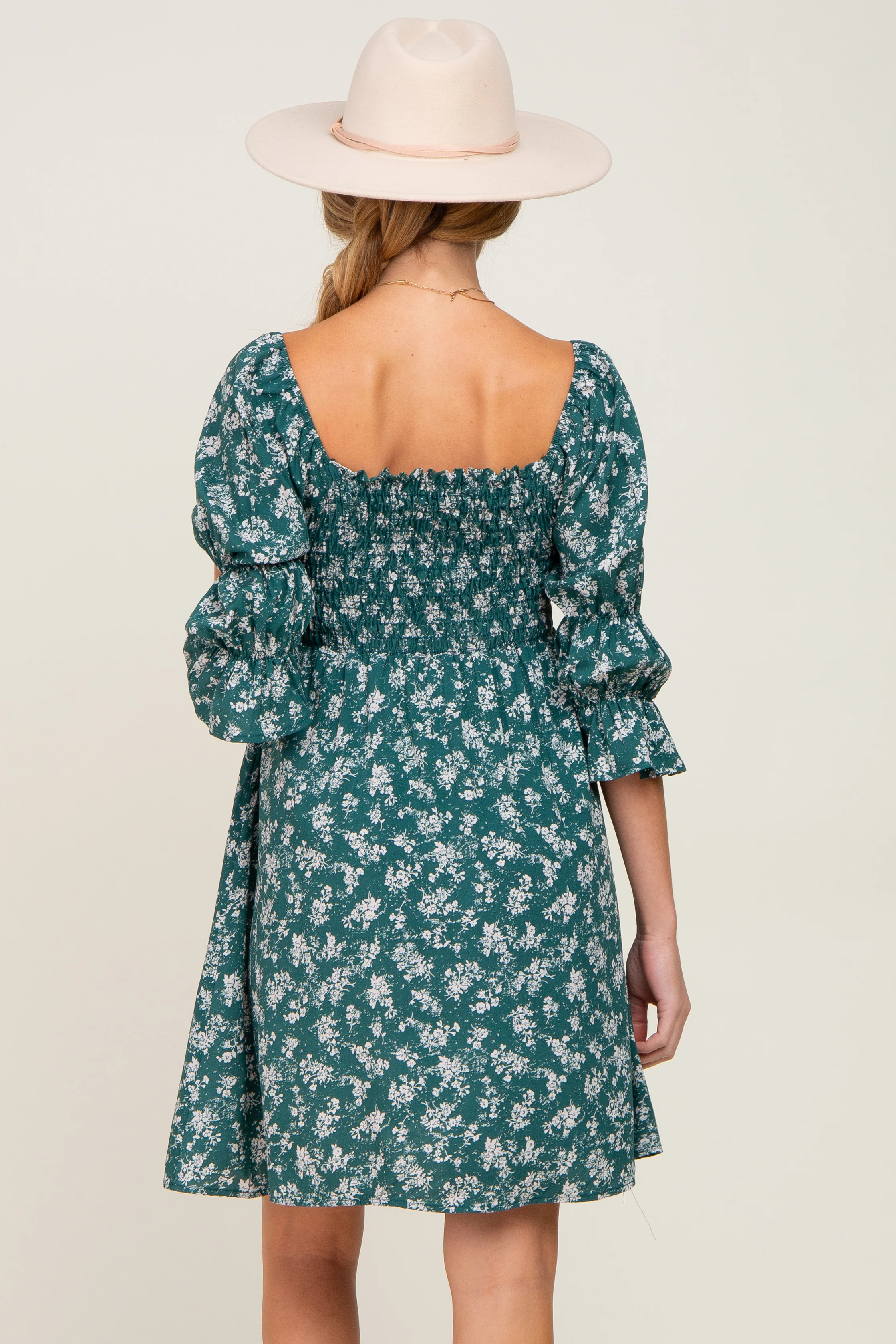 Forest Green Floral Ruffle Sleeve Smocked Maternity Dress - Image 3
