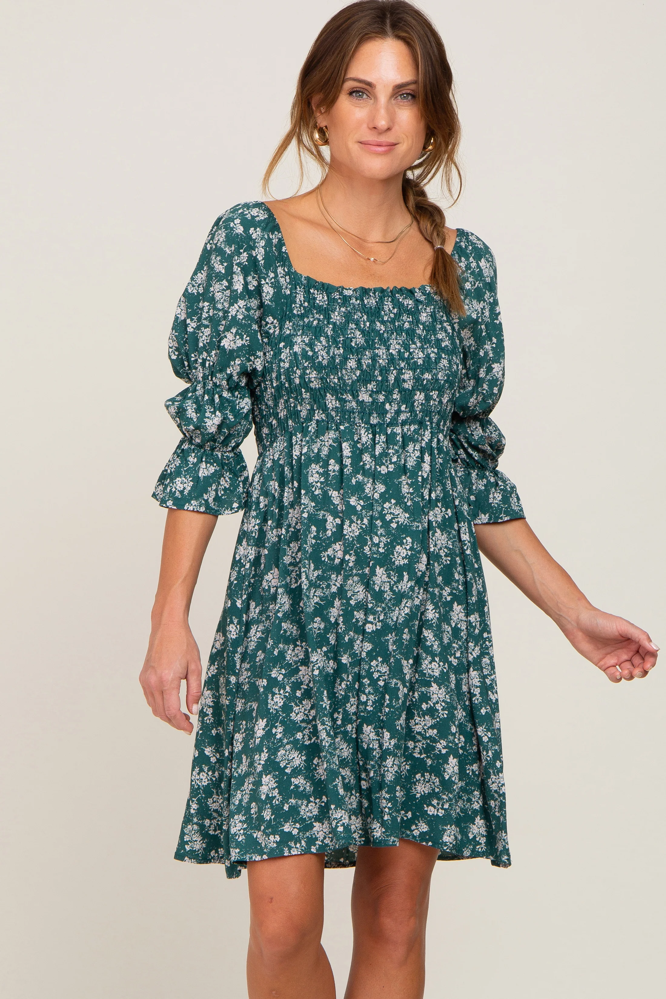 Forest Green Floral Ruffle Sleeve Smocked Maternity Dress - Image 6