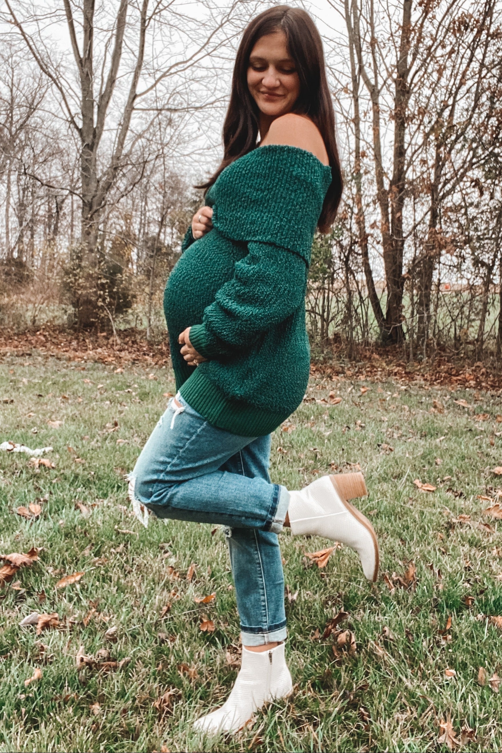 Forest Green Foldover Off Shoulder Maternity Sweater - Image 9