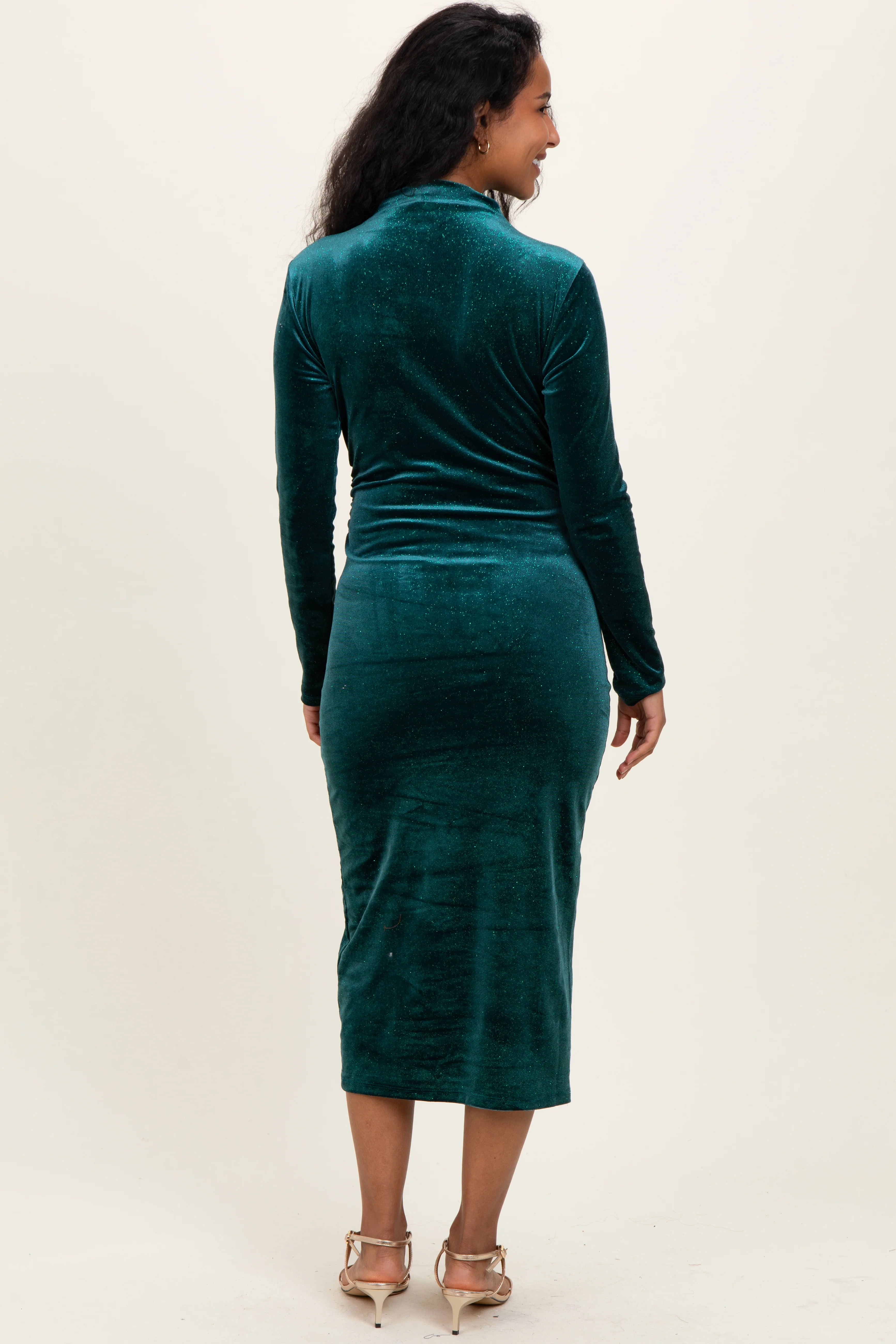 Forest Green Glitter Velvet Ruched Maternity Midi Dress - Image 4