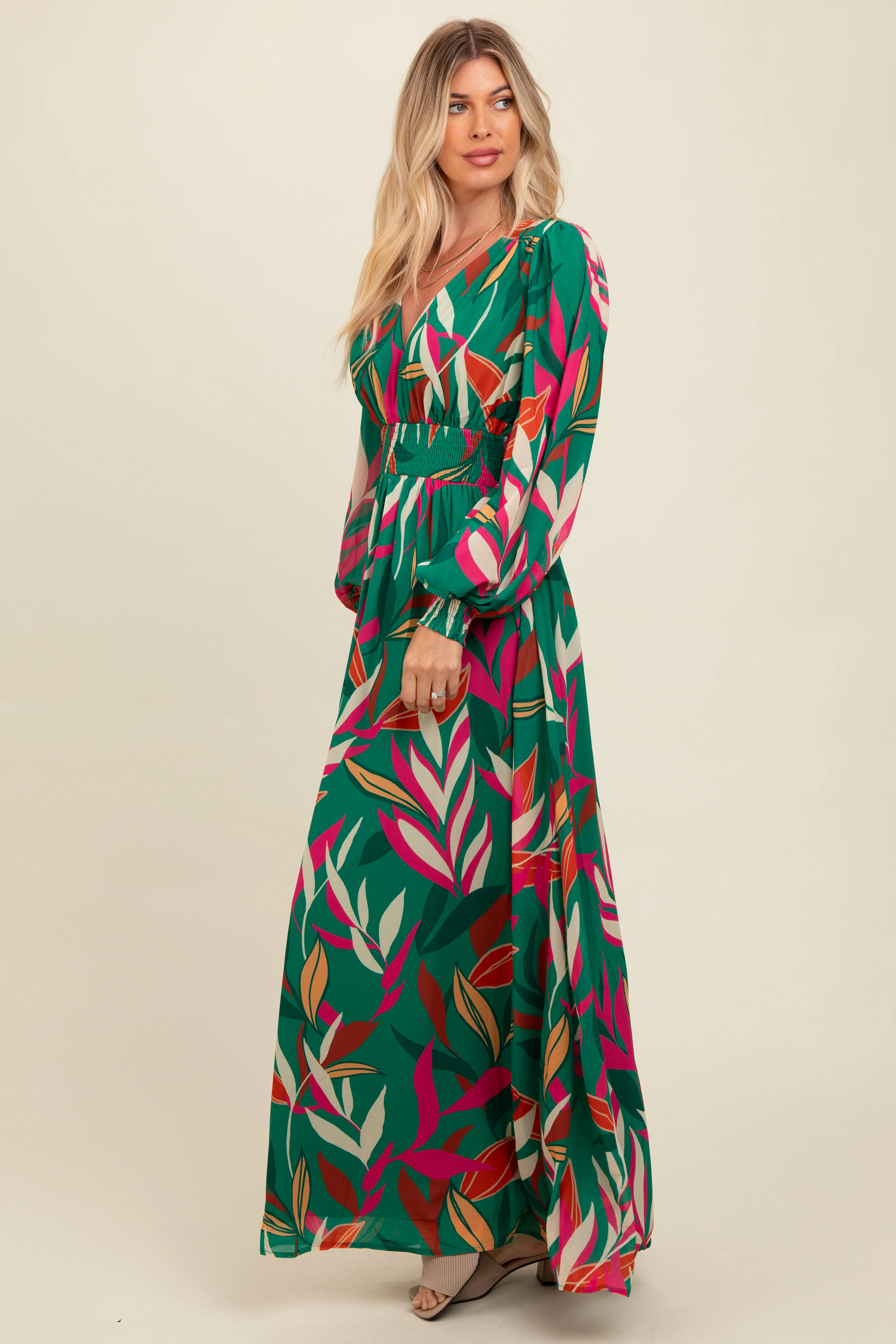 Forest Green Leaf Print Deep V-Neck Maxi Dress - Image 3