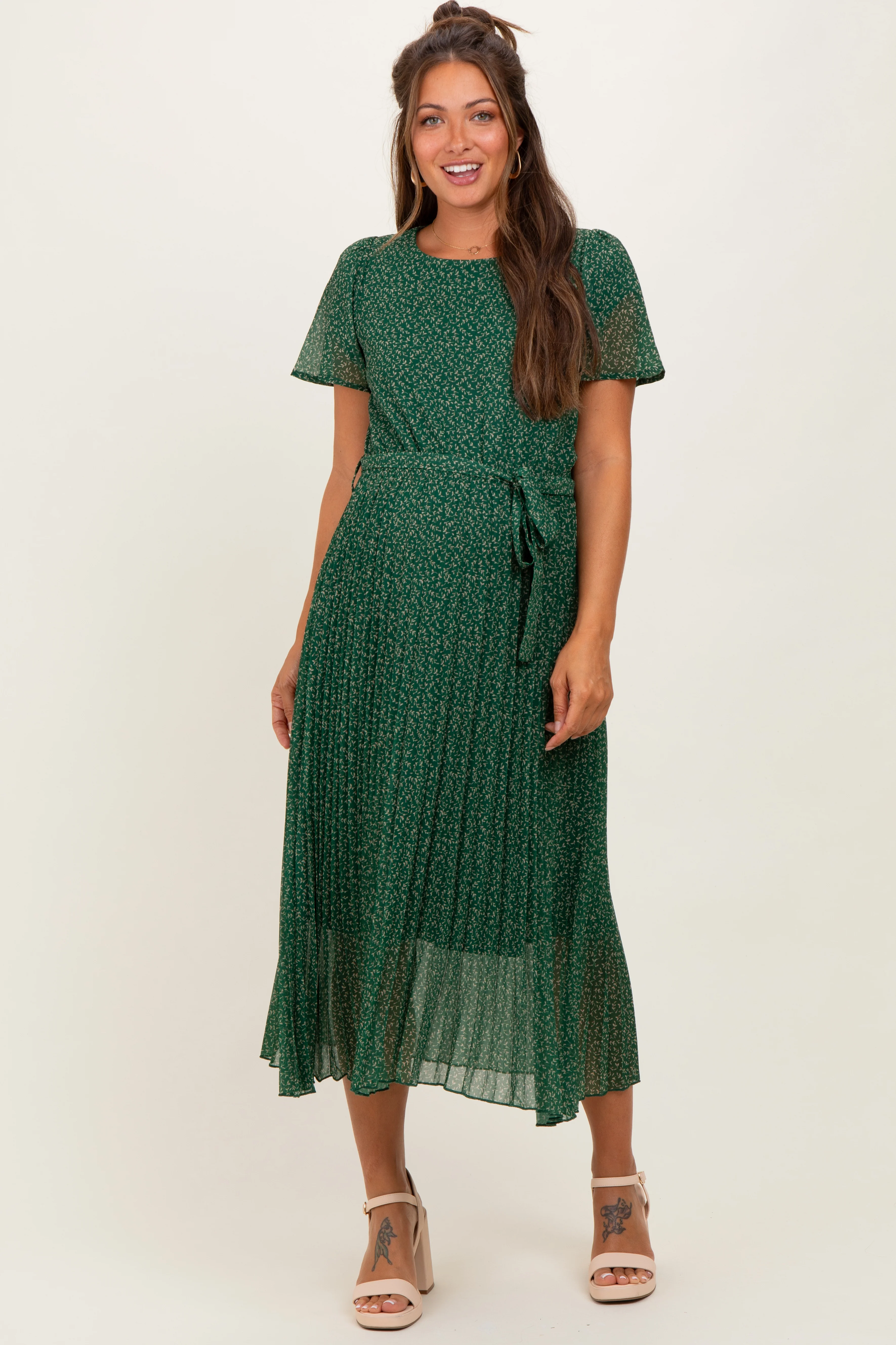Forest Green Leaf Print Pleated Maternity Midi Dress