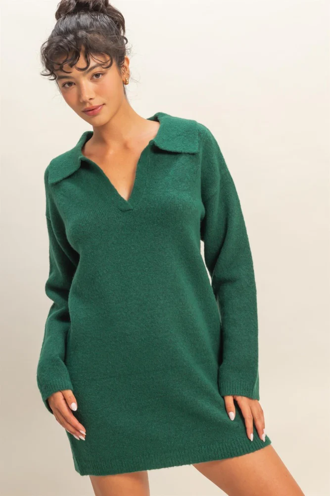 Forest Green Long Sleeve Polo Maternity Sweater Dress - Image 5