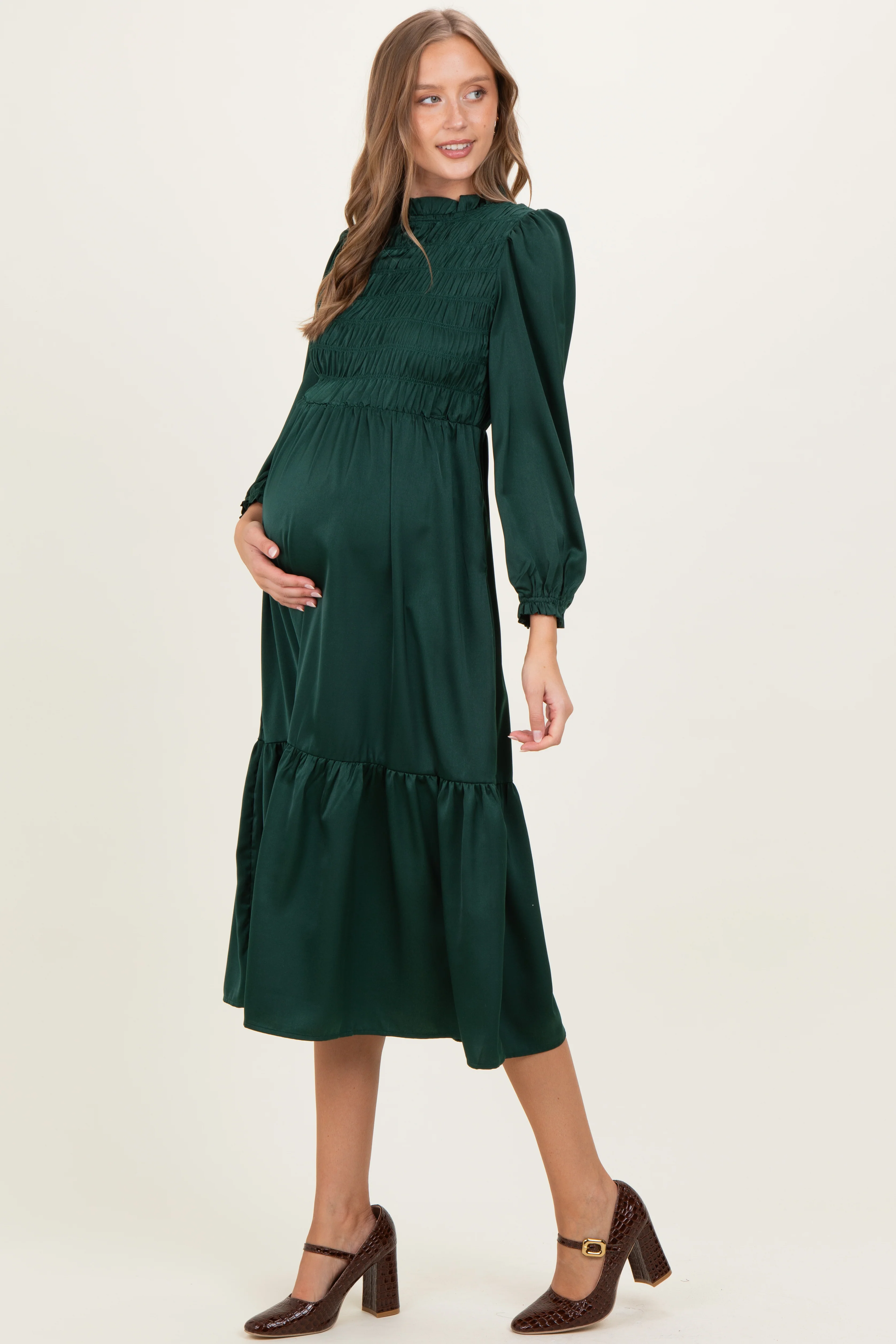 Forest Green Mock Neck Satin Smocked Chest Maternity Dress - Image 3