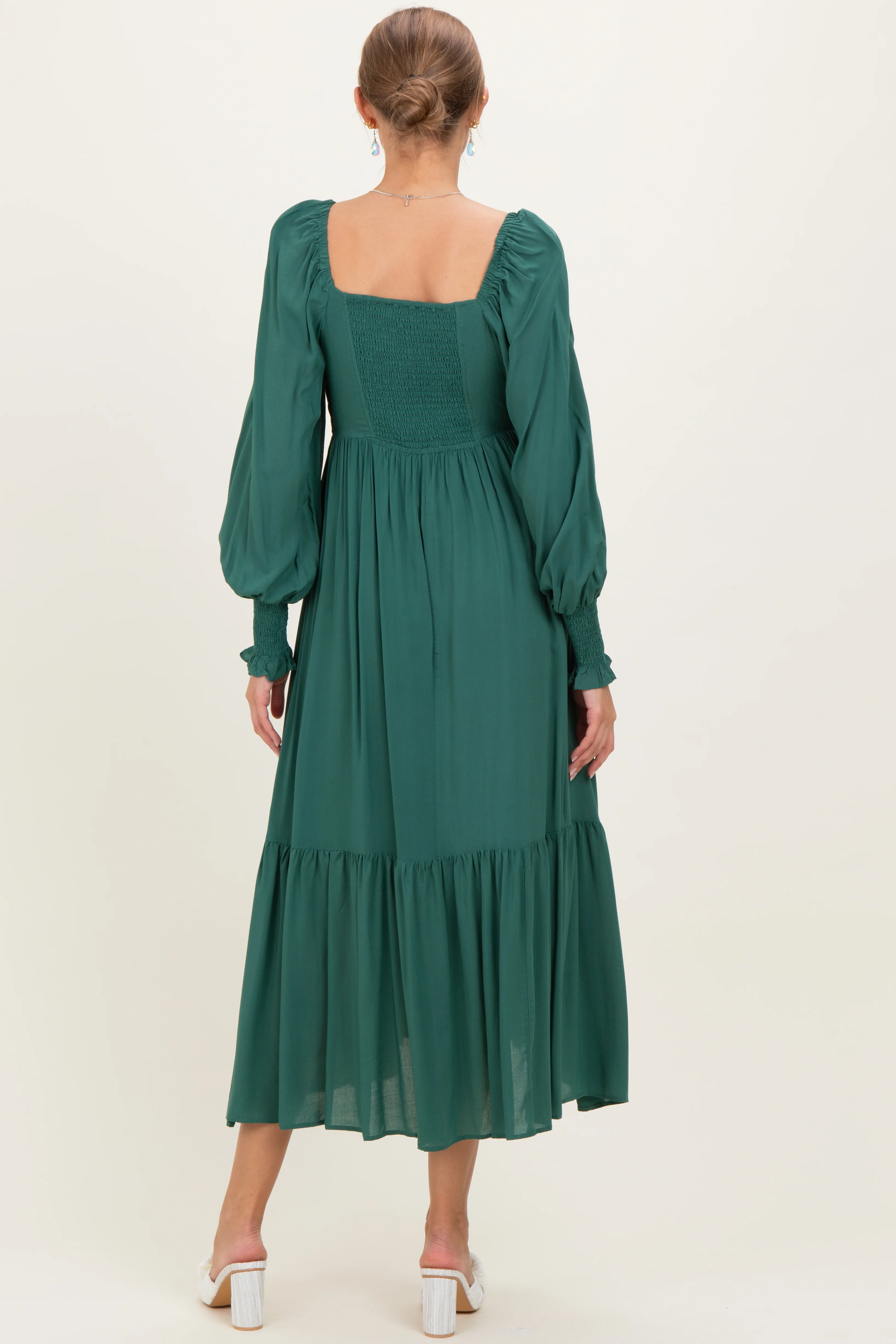 Forest Green Pleated Bodice Long Sleeve Maternity Maxi Dress - Image 4