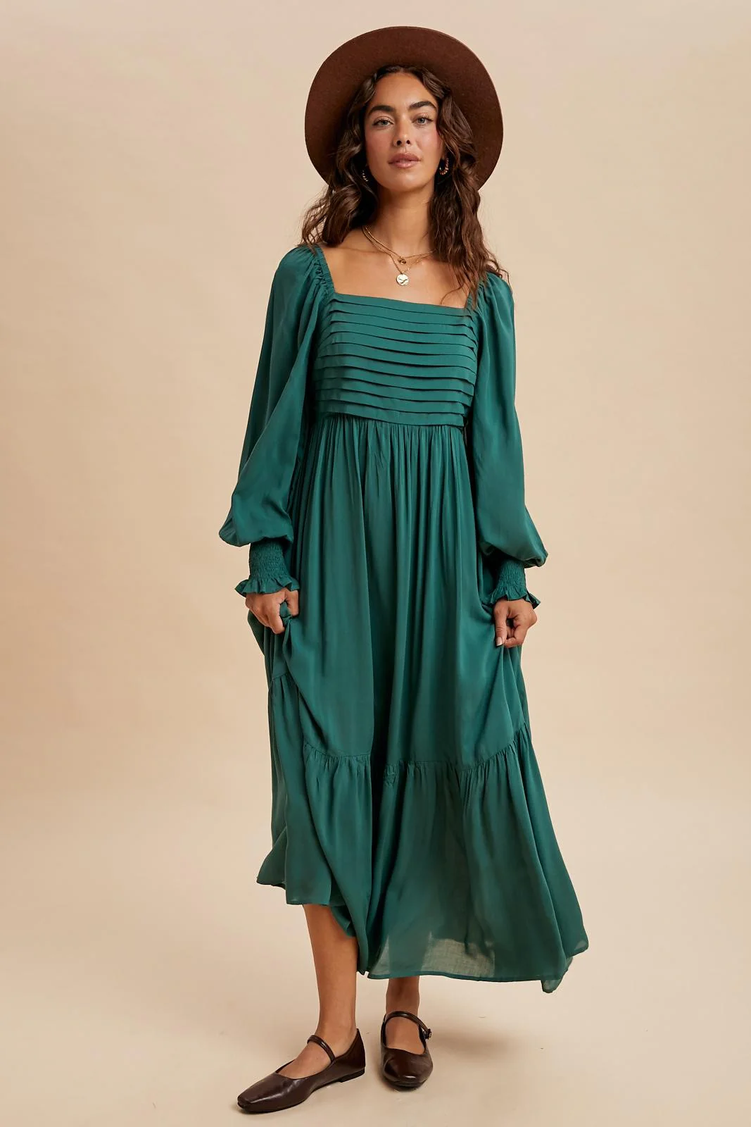Forest Green Pleated Bodice Long Sleeve Maternity Maxi Dress - Image 5