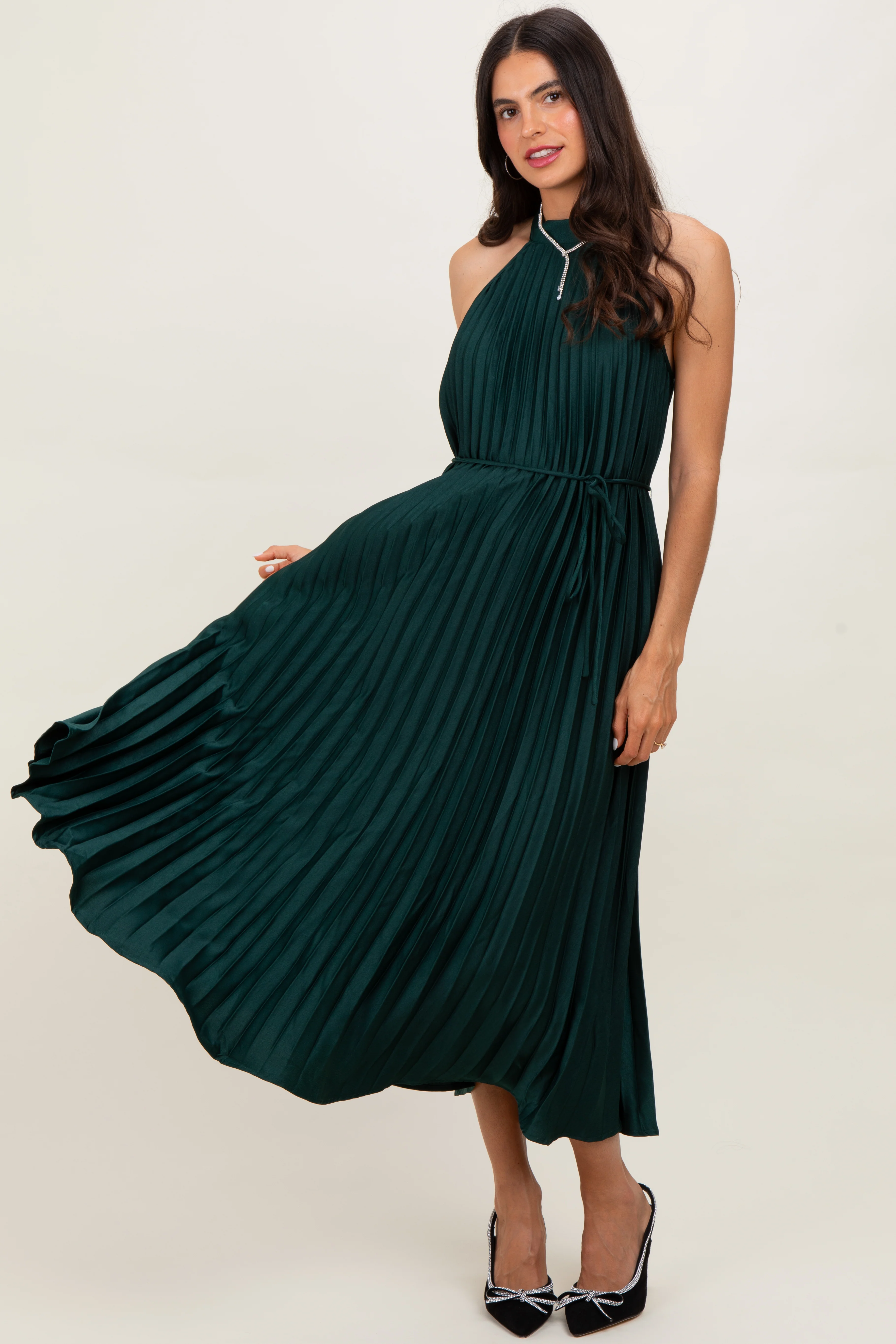 Forest Green Pleated Halter Dress - Image 2