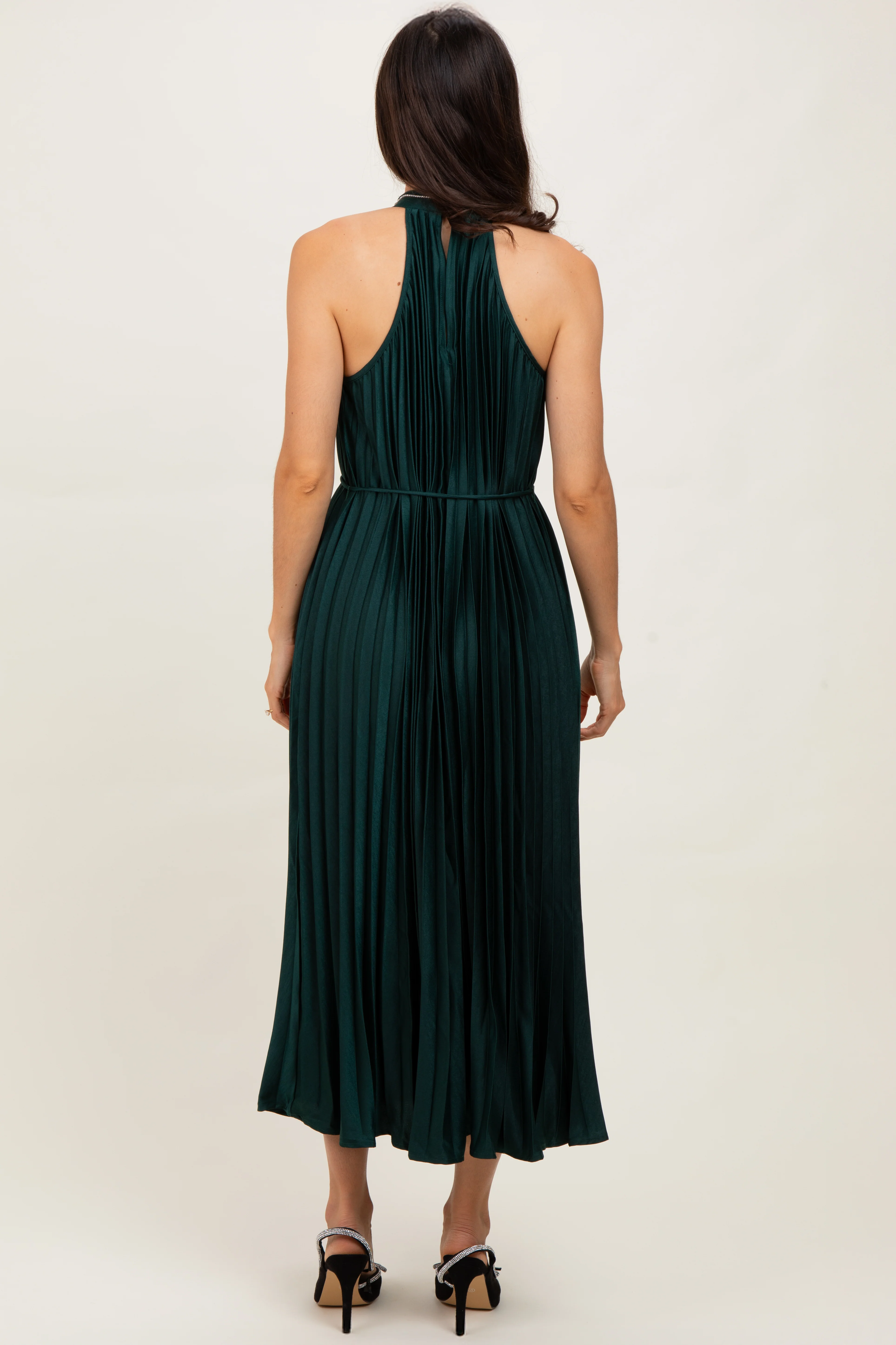 Forest Green Pleated Halter Dress - Image 4