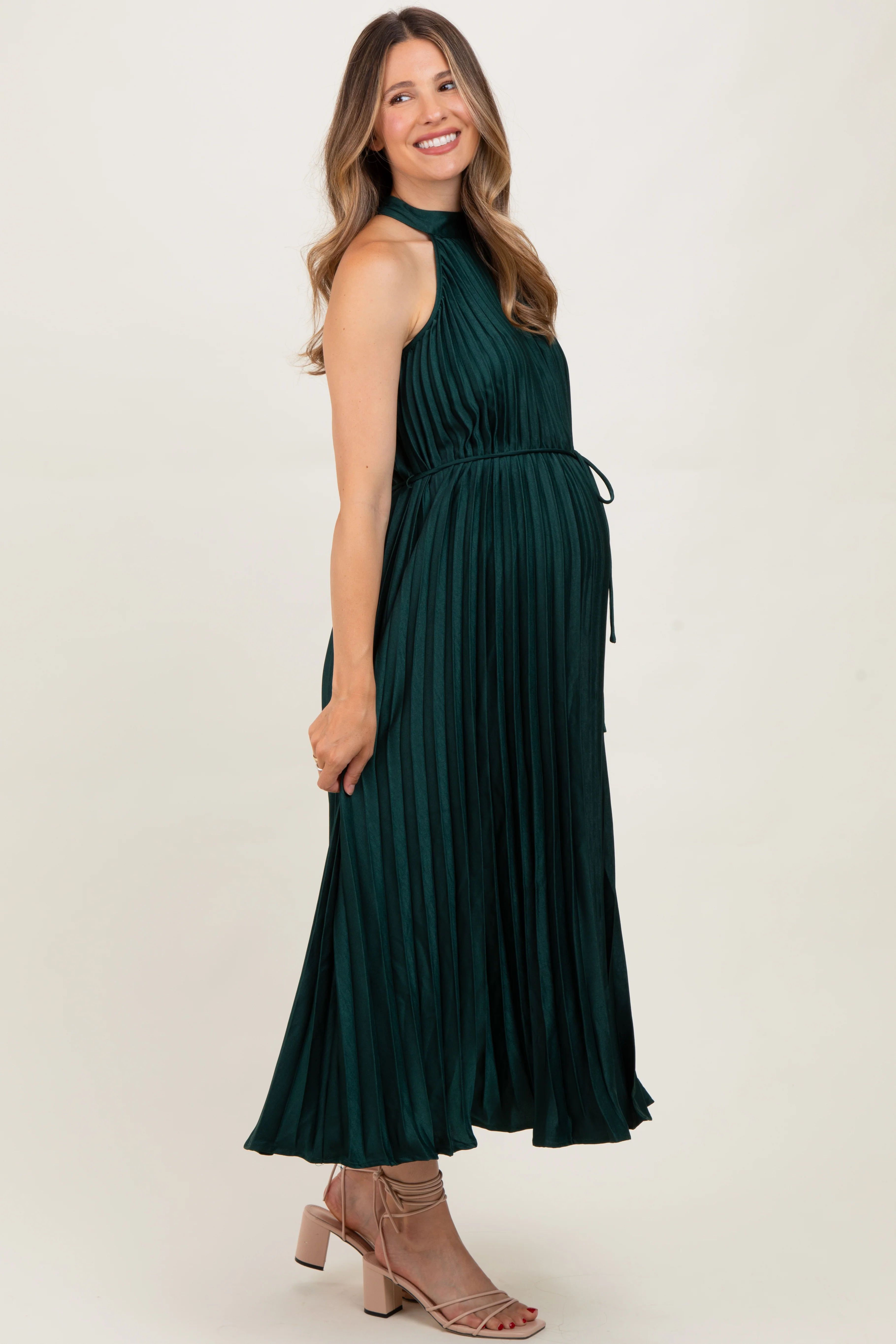 Forest Green Pleated Maternity Halter Dress - Image 3