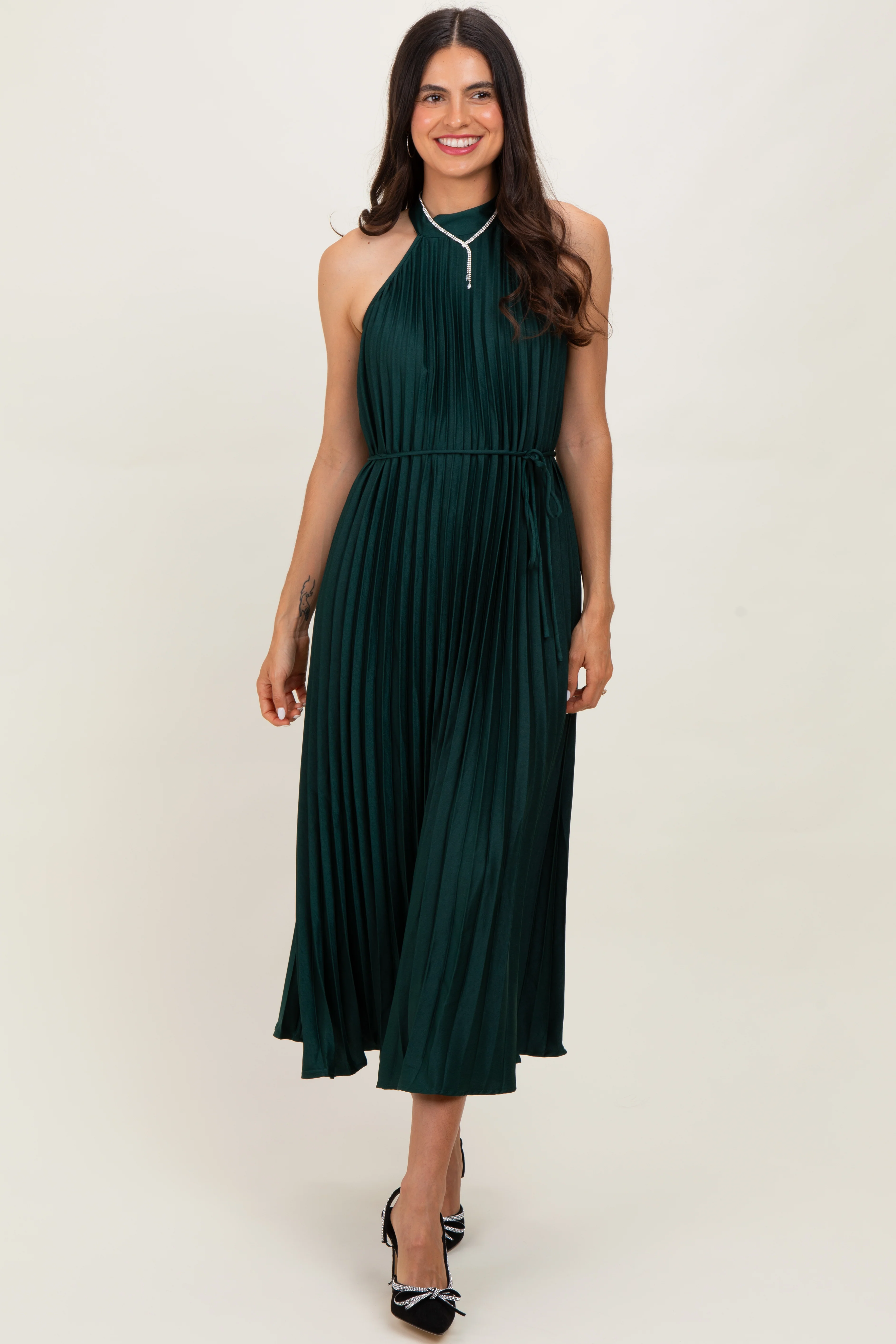 Forest Green Pleated Maternity Halter Dress - Image 5