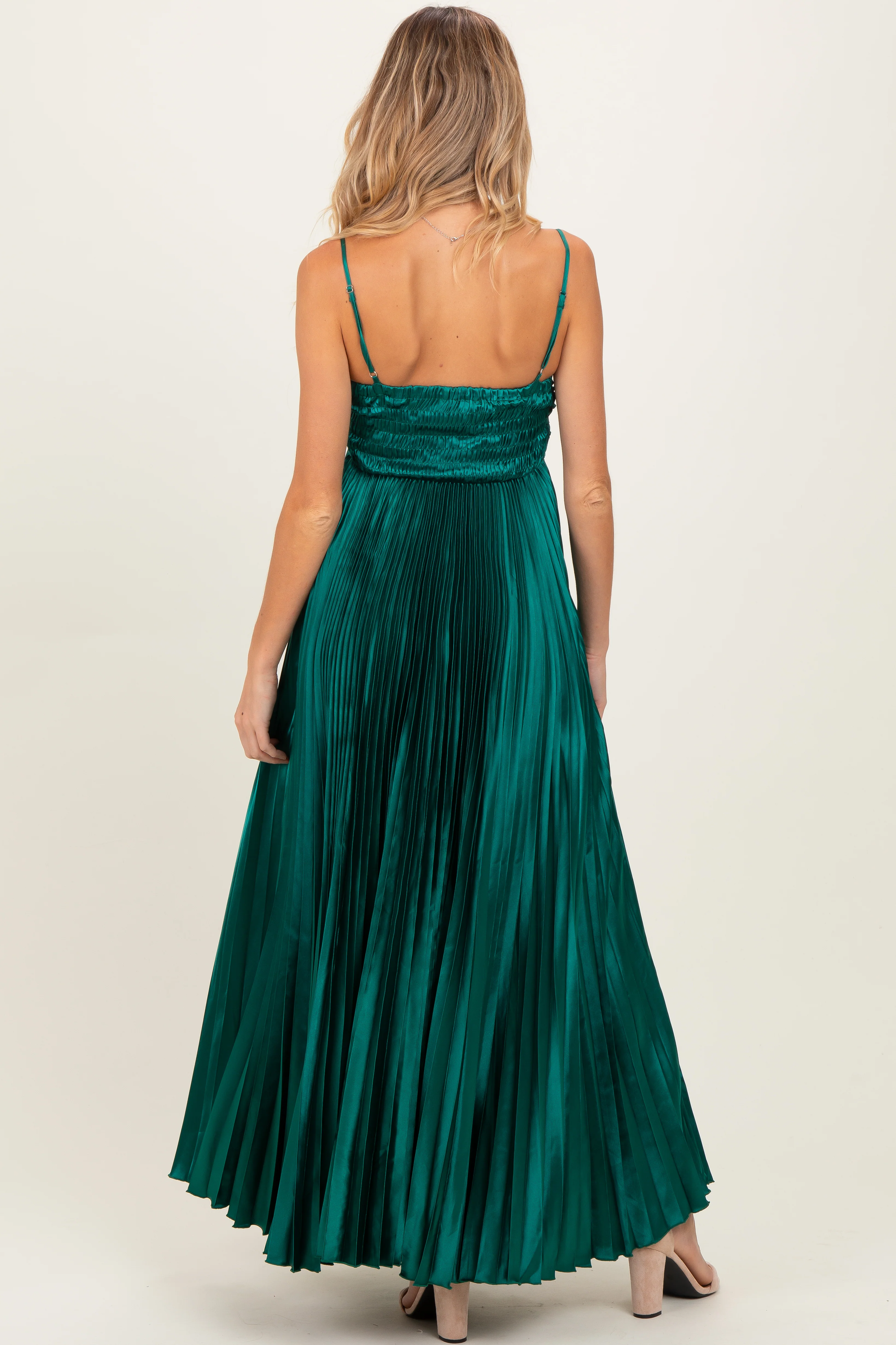 Forest Green Pleated Satin Sleeveless Maternity Maxi Dress - Image 4