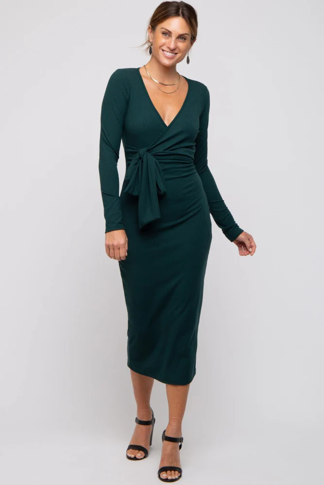 Forest Green Ribbed Long Sleeve Wrap Dress - Image 4