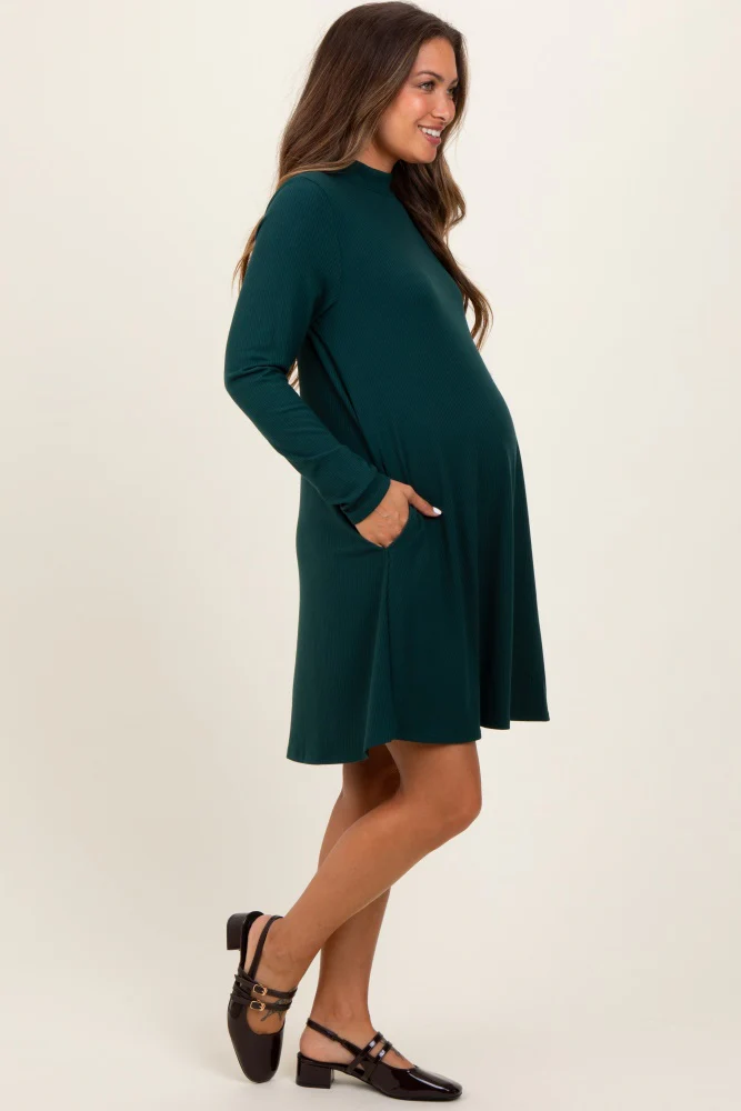 Forest Green Ribbed Mock Neck Long Sleeve Basic Maternity Dress - Image 3