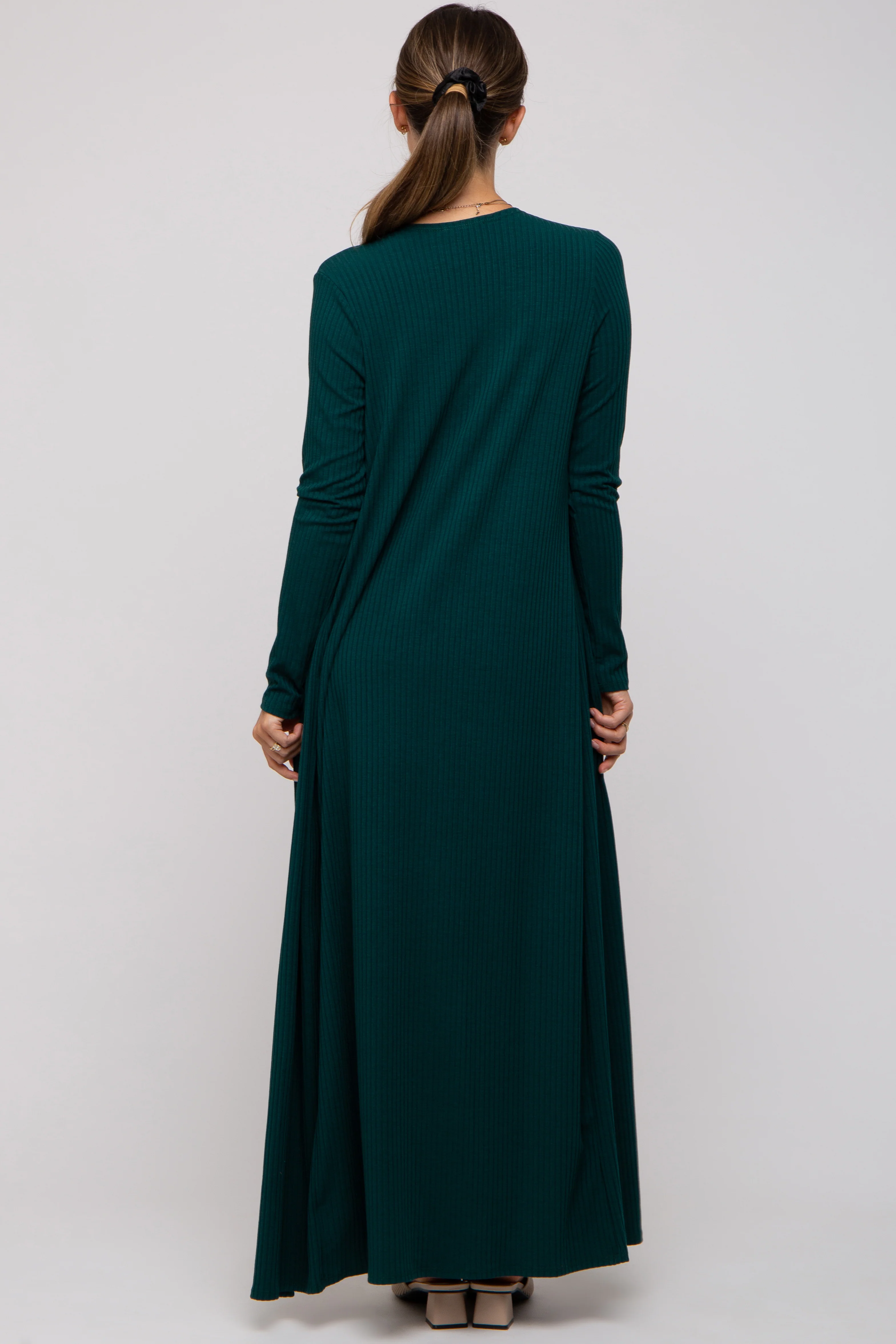 Forest Green Ribbed Sleeveless Dress Cardigan Maternity Set - Image 4