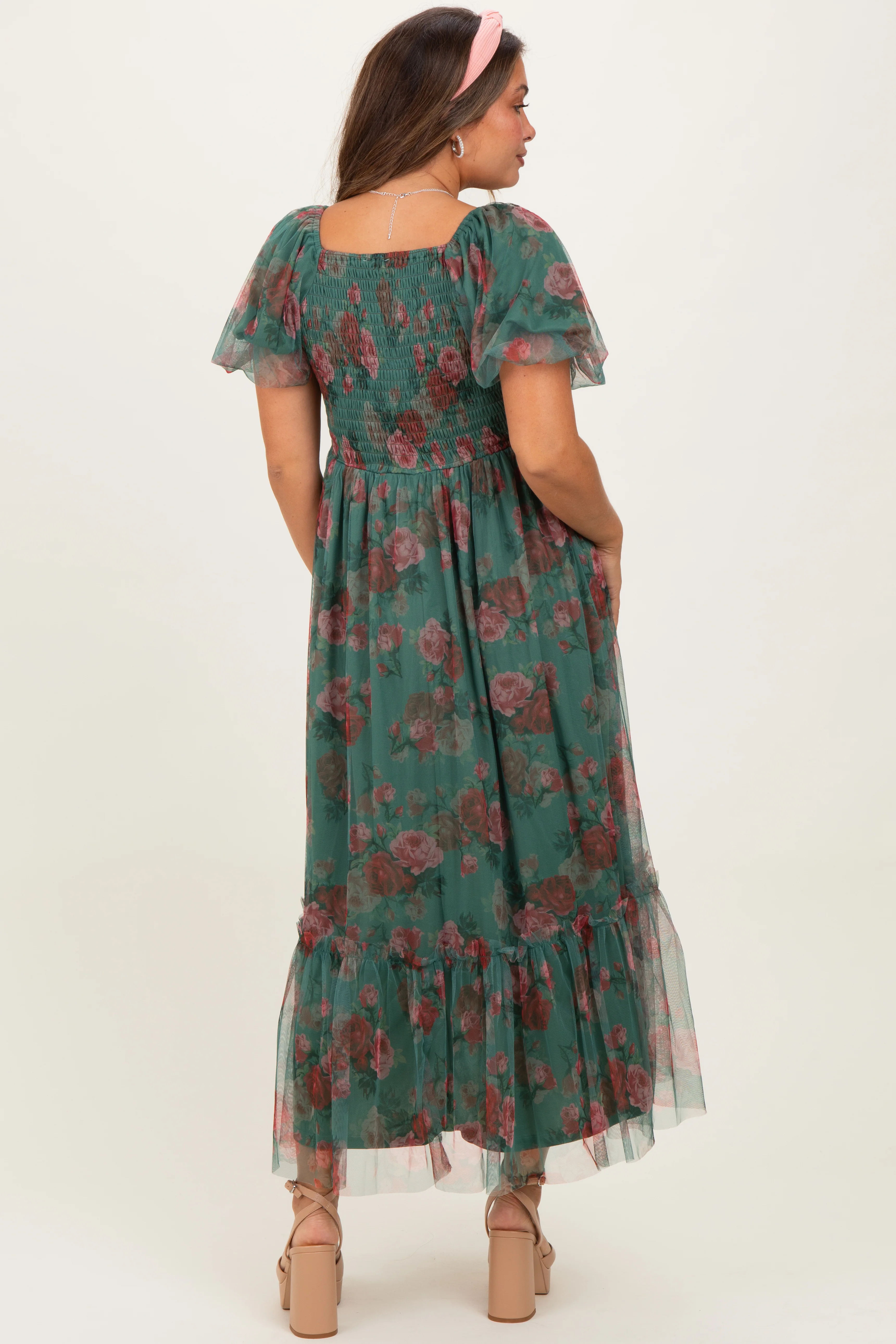 Forest Green Rose Print Tulle Overlay Maternity Midi Dress - Image 4